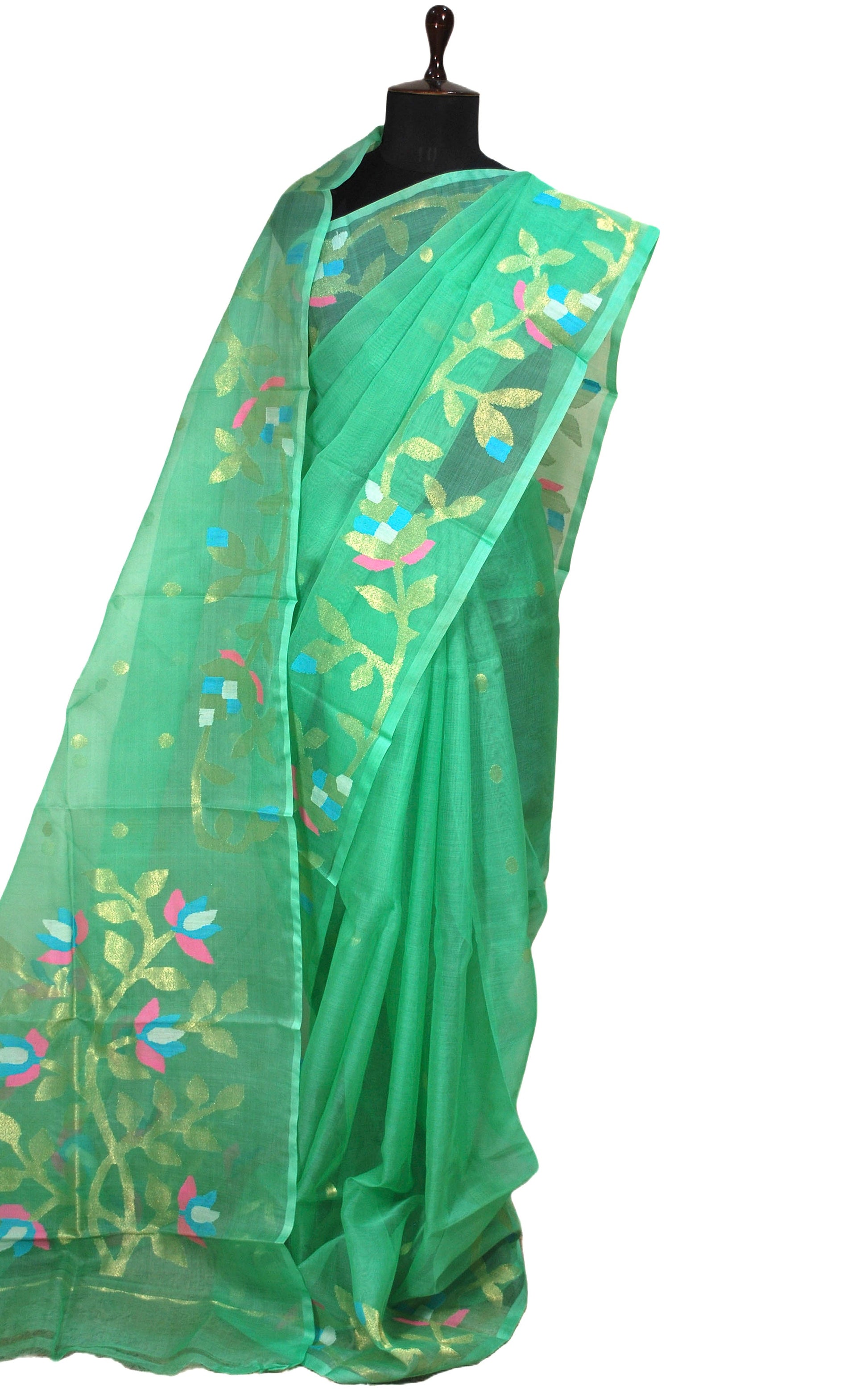 Silk Jamdani Saree in Sea foam Green and Multi Colored Thread Work