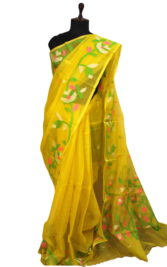 Silk Jamdani Saree in Light Yellow and Multi Colored Thread Work