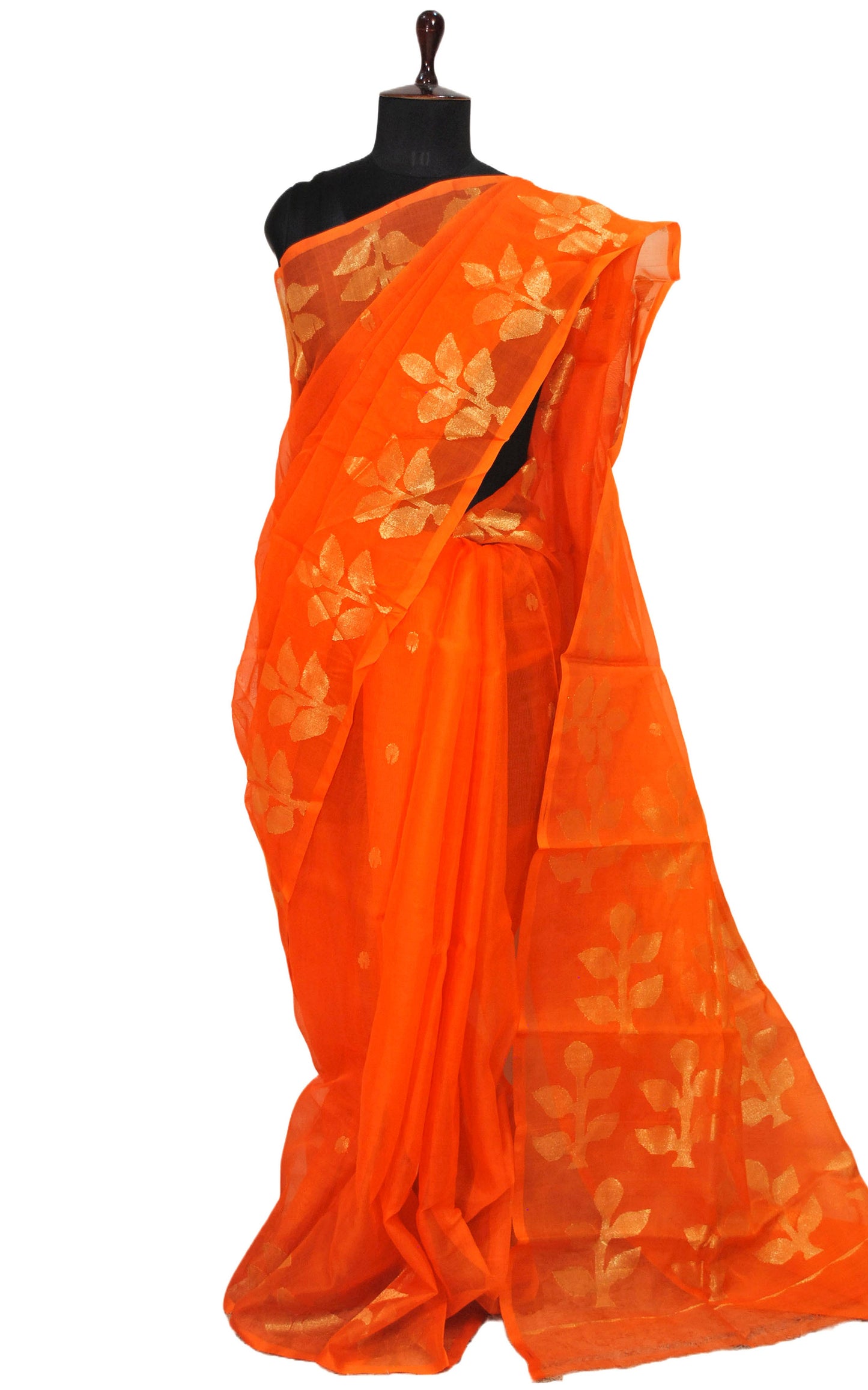 Soft Muslin Silk Jamdani Saree in Orange and Gold Zari Work