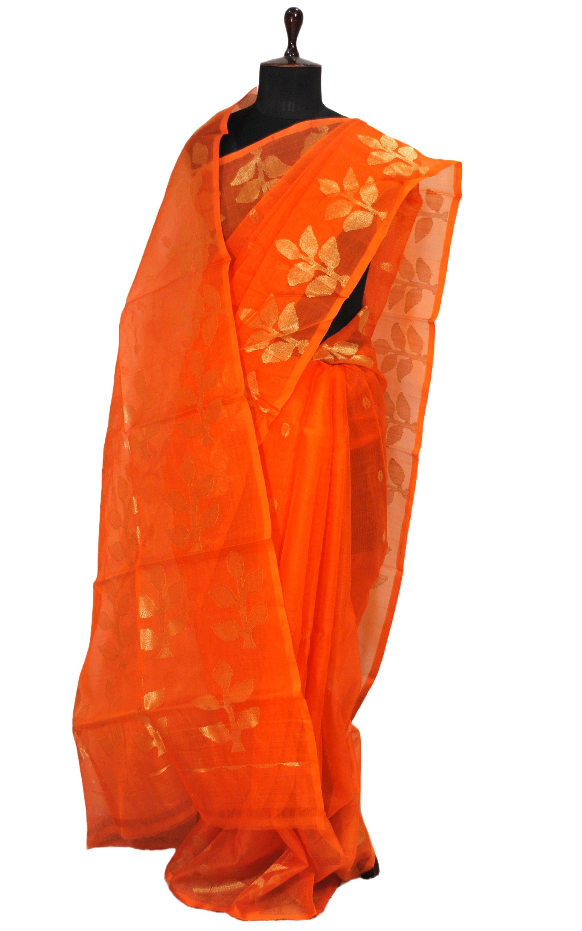 Soft Muslin Silk Jamdani Saree in Orange and Gold Zari Work