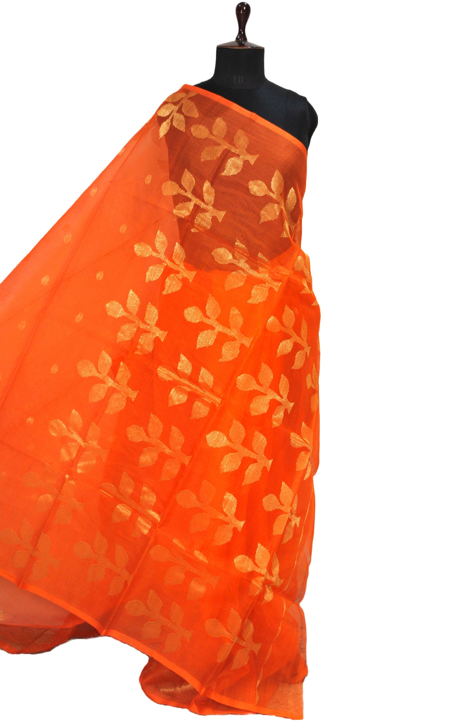 Soft Muslin Silk Jamdani Saree in Orange and Gold Zari Work