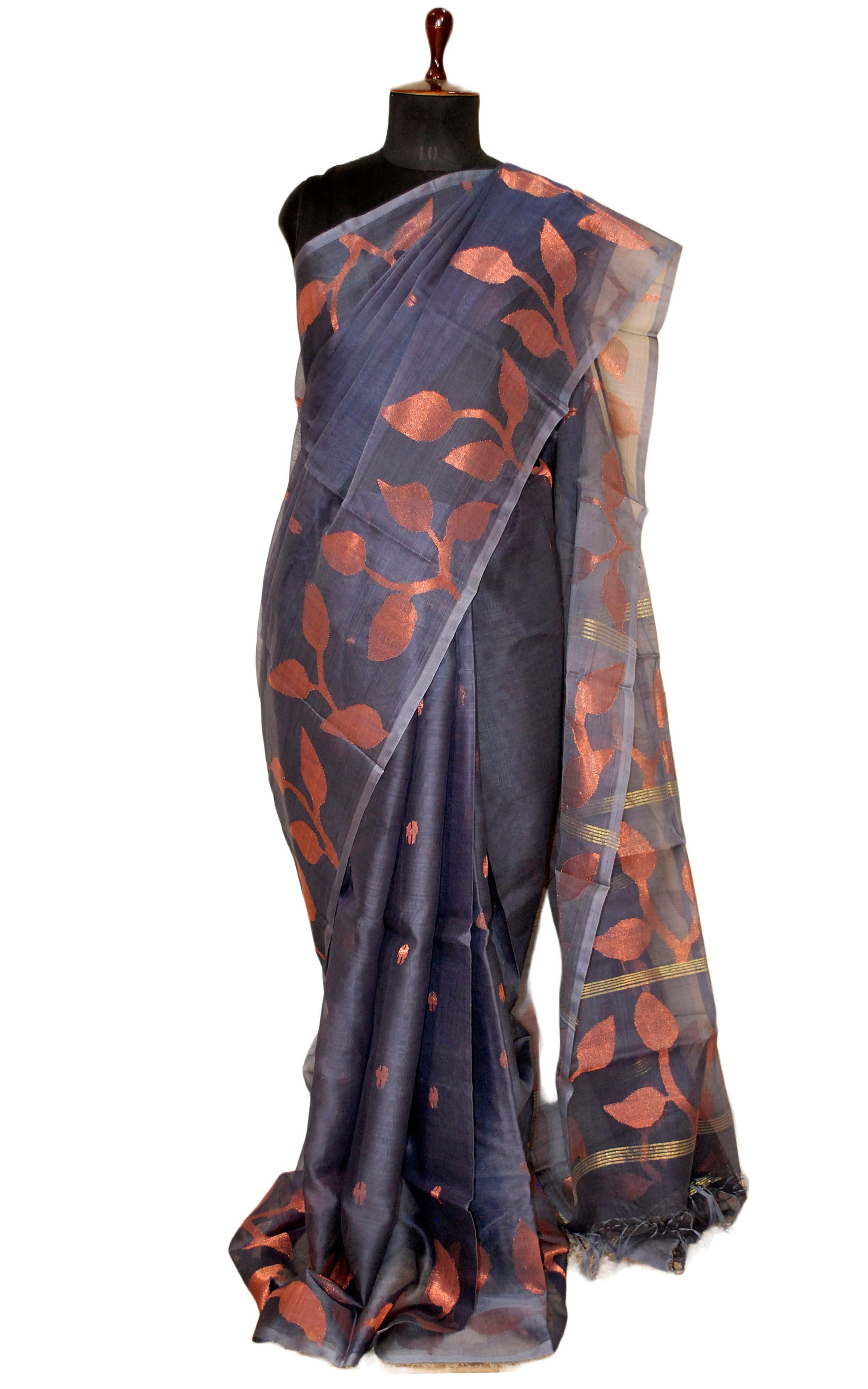 Leaf Motif Nakshi Silk Jamdani Saree in Slate Grey & Copper