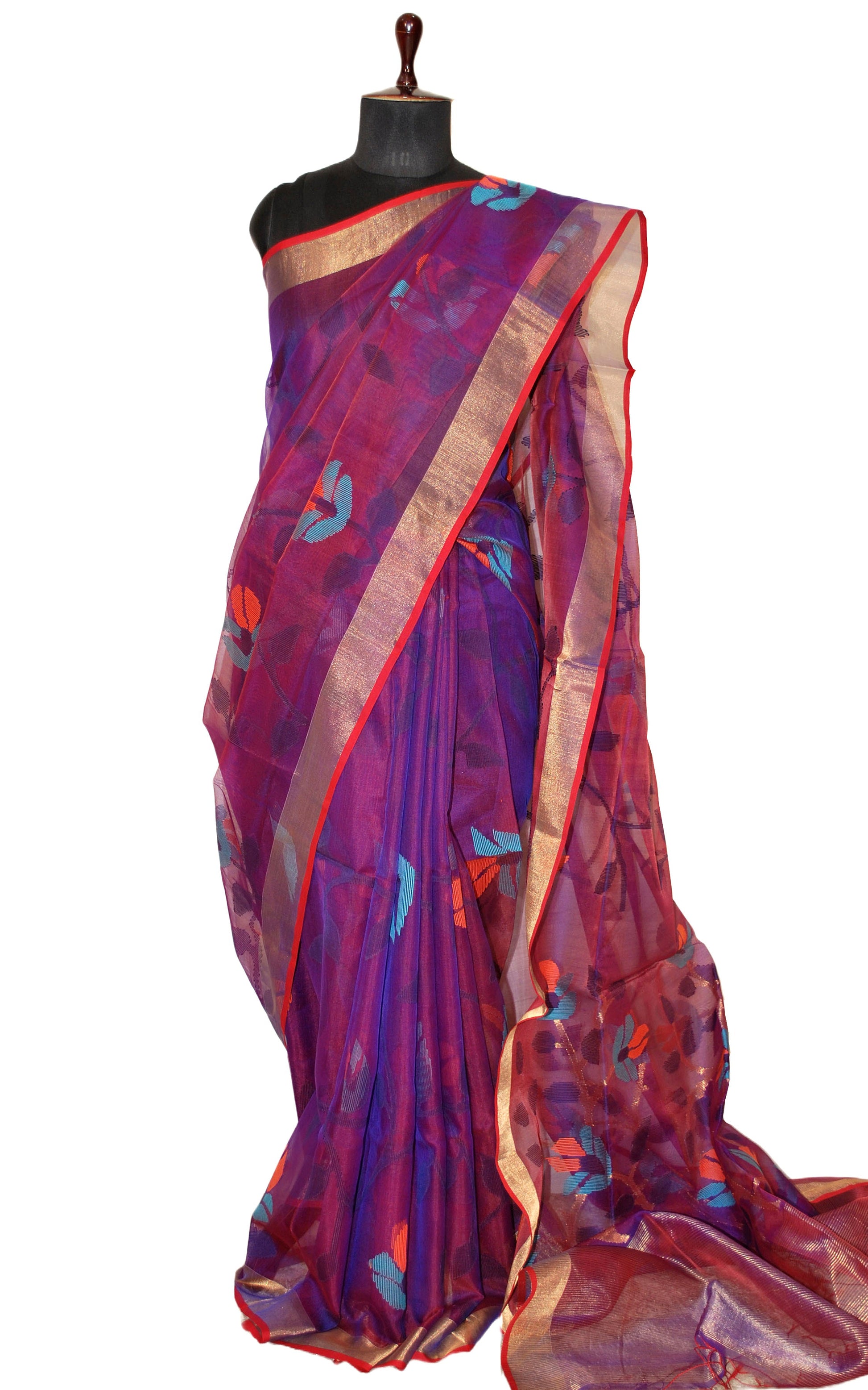 Premium Quality Muslin Silk Jamdani Saree in Dual Tone of Purple and Red, Cyan, Black, Orange and Gold Zari Work