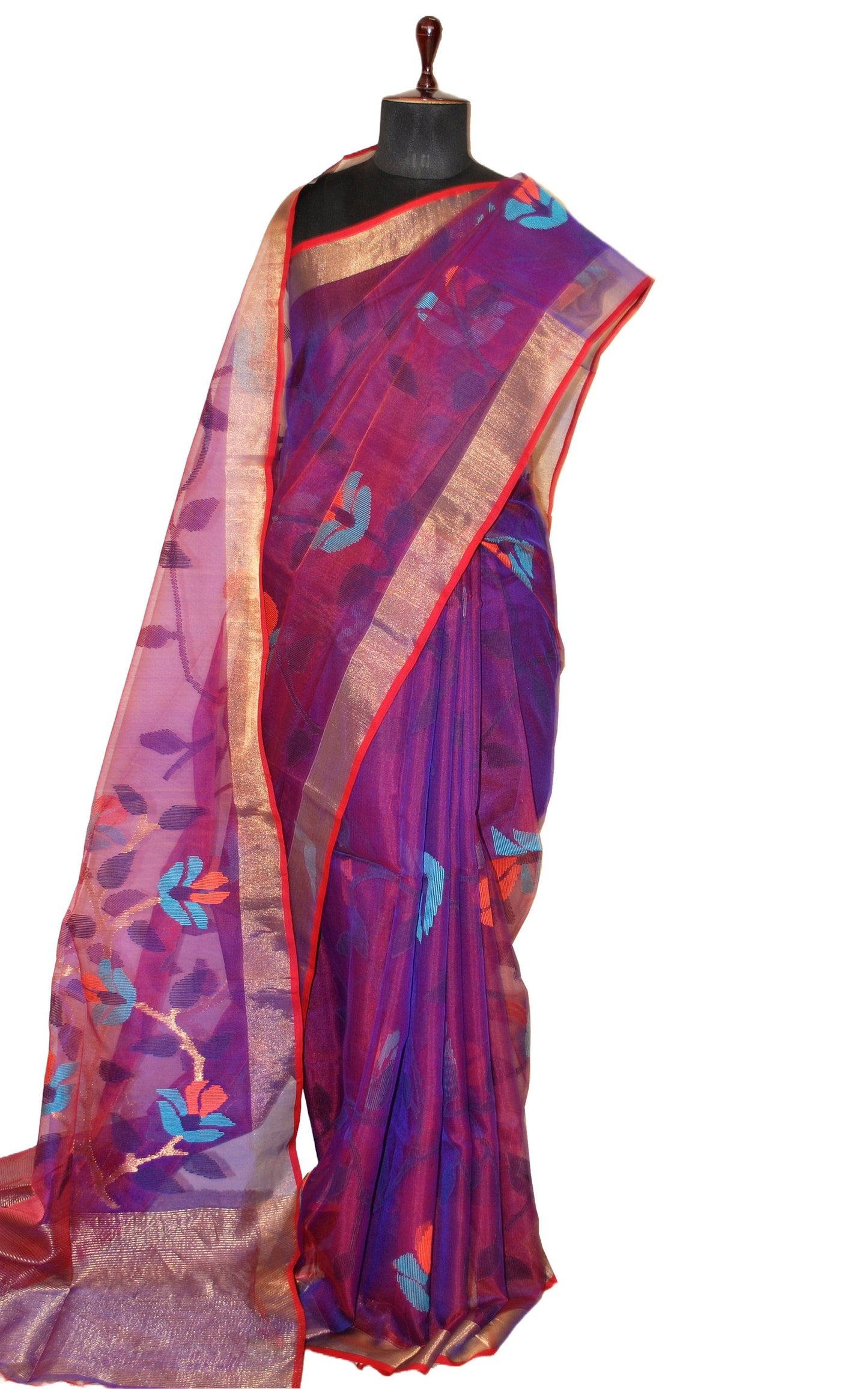 Premium Quality Muslin Silk Jamdani Saree in Dual Tone of Purple and Red, Cyan, Black, Orange and Gold Zari Work