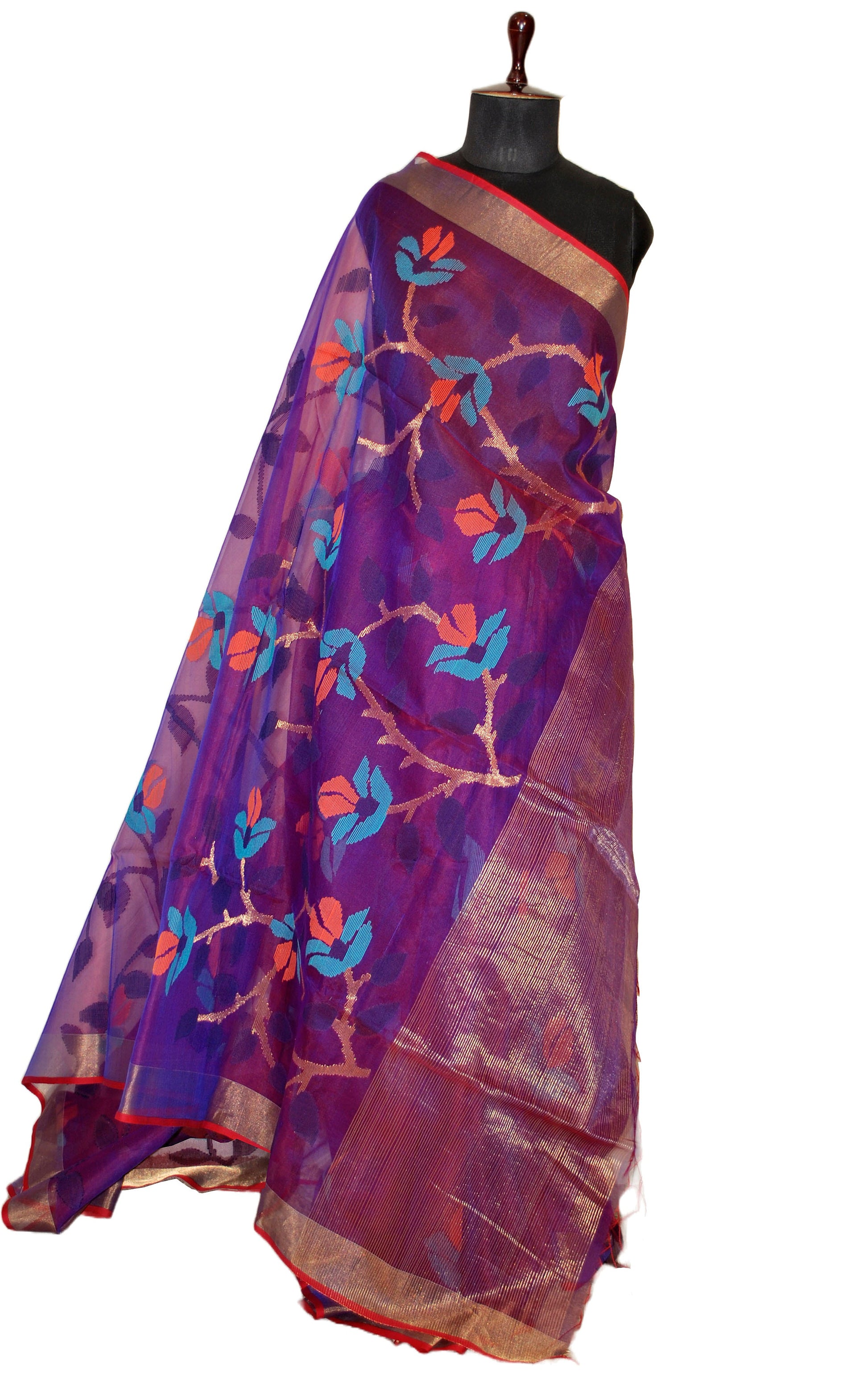 Premium Quality Muslin Silk Jamdani Saree in Dual Tone of Purple and Red, Cyan, Black, Orange and Gold Zari Work