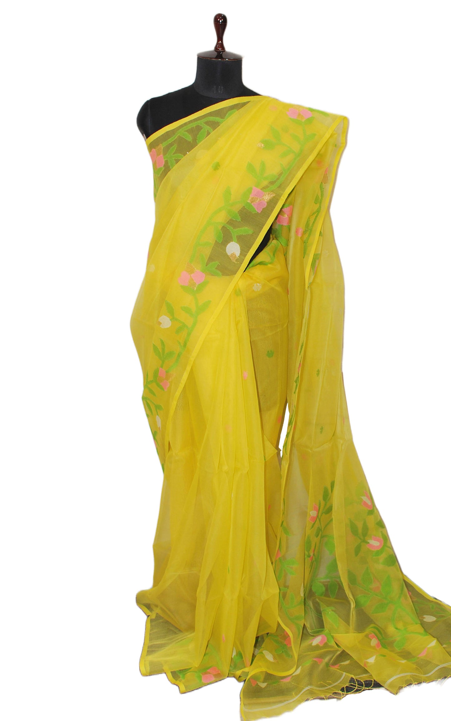 Handwoven Nakshi Work Muslin Jamdani Silk Saree in Bright Yellow and Multicolored