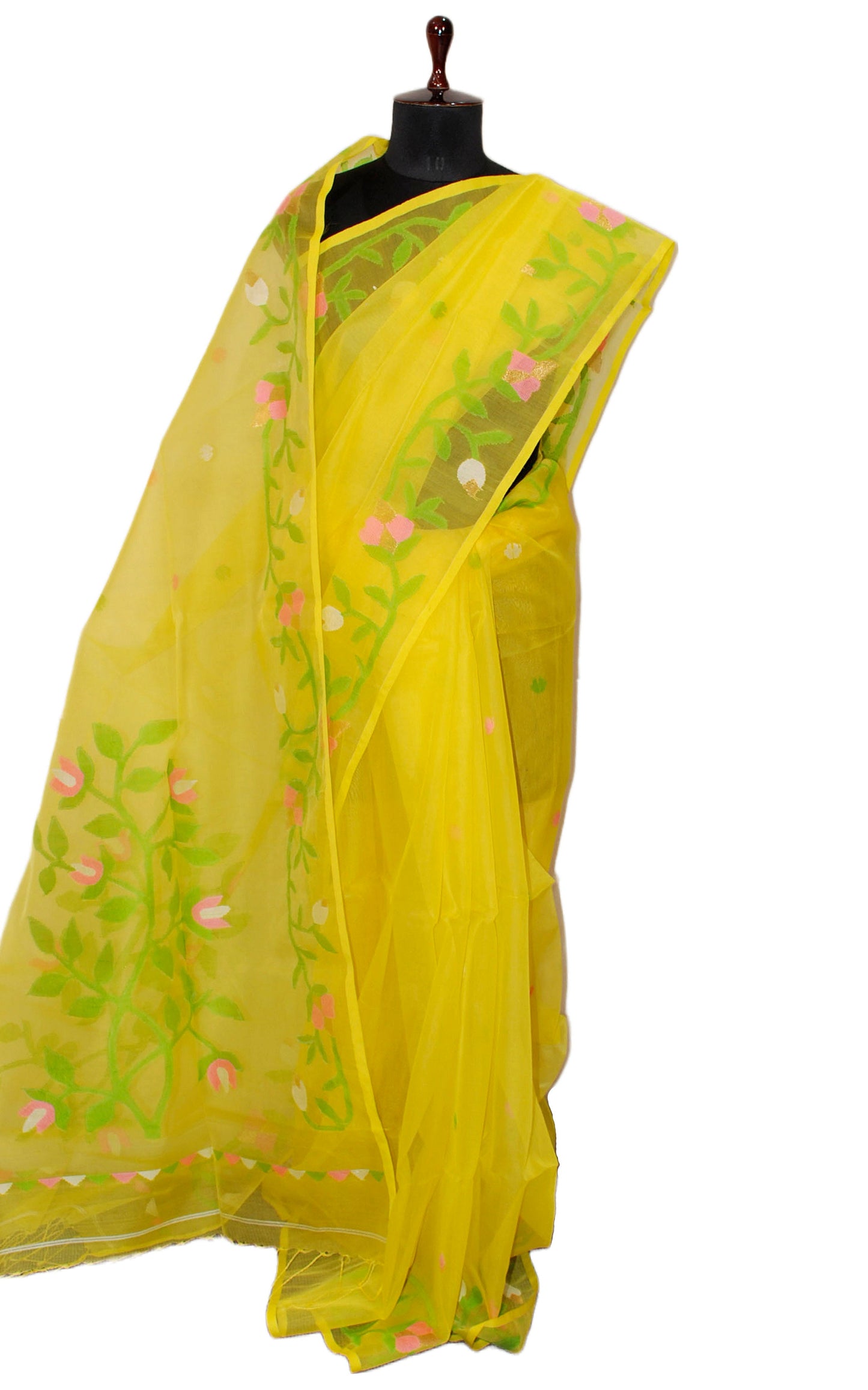 Handwoven Nakshi Work Muslin Jamdani Silk Saree in Bright Yellow and Multicolored