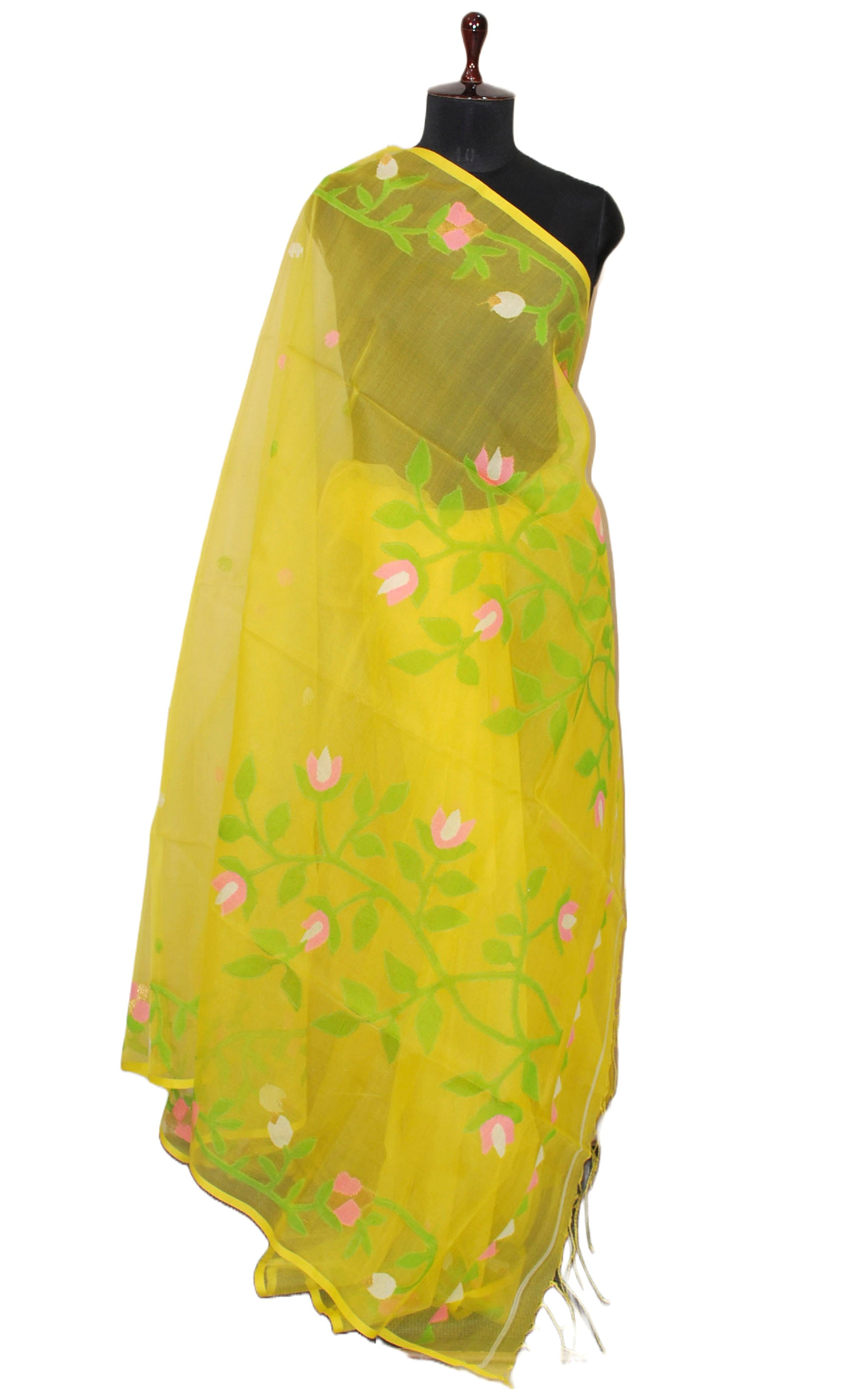 Handwoven Nakshi Work Muslin Jamdani Silk Saree in Bright Yellow and Multicolored