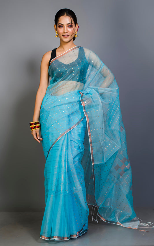 Designer Sitara Work Skirt Border Muslin Silk Saree in Frozen Blue and Copper