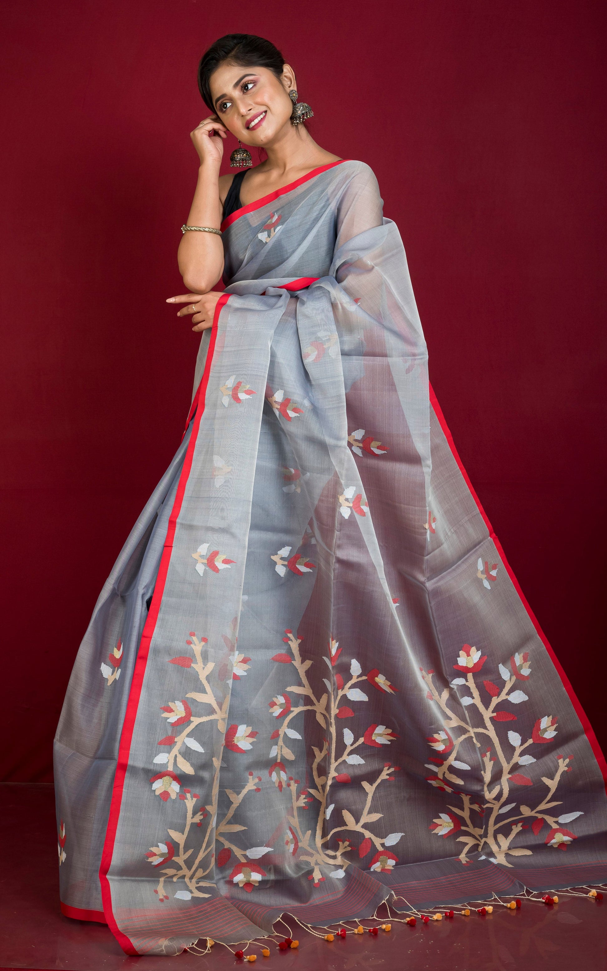 Premium Poth Muslin Silk Jamdani Saree in Steel Grey, Red and Multicolored Thread Work