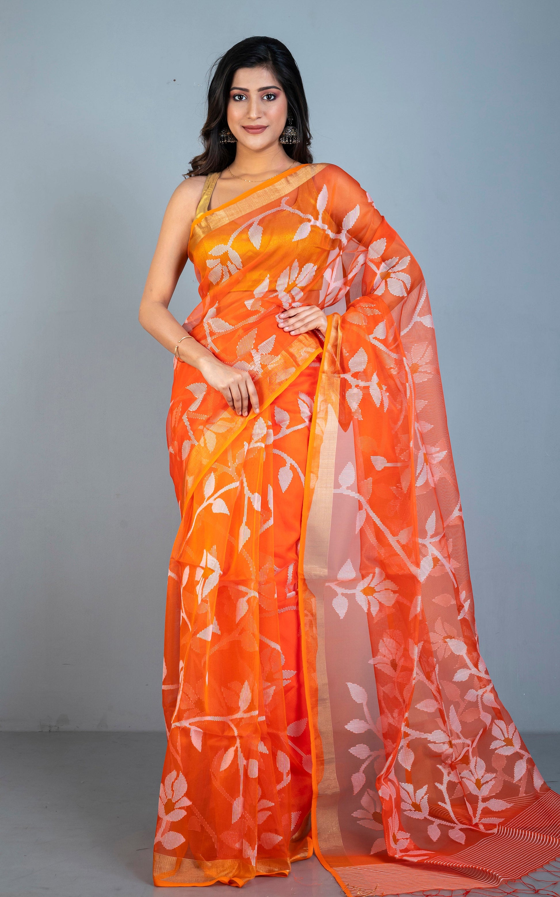 Premium Quality Muslin Silk Jamdani Saree in Orange with Off White Nakshi Thread Work