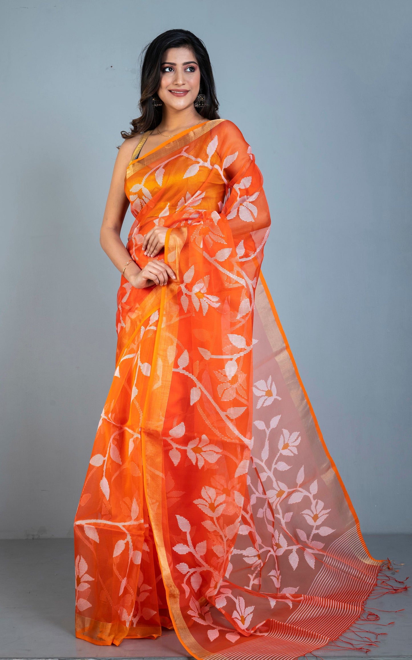 Premium Quality Muslin Silk Jamdani Saree in Orange with Off White Nakshi Thread Work