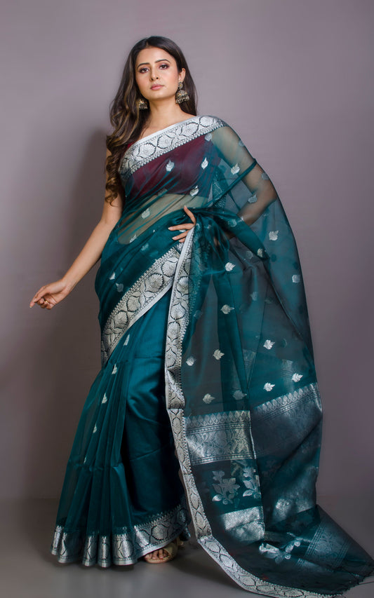 Soft Muslin Silk Banarasi Saree in Peacock Green and Silver Zari Work