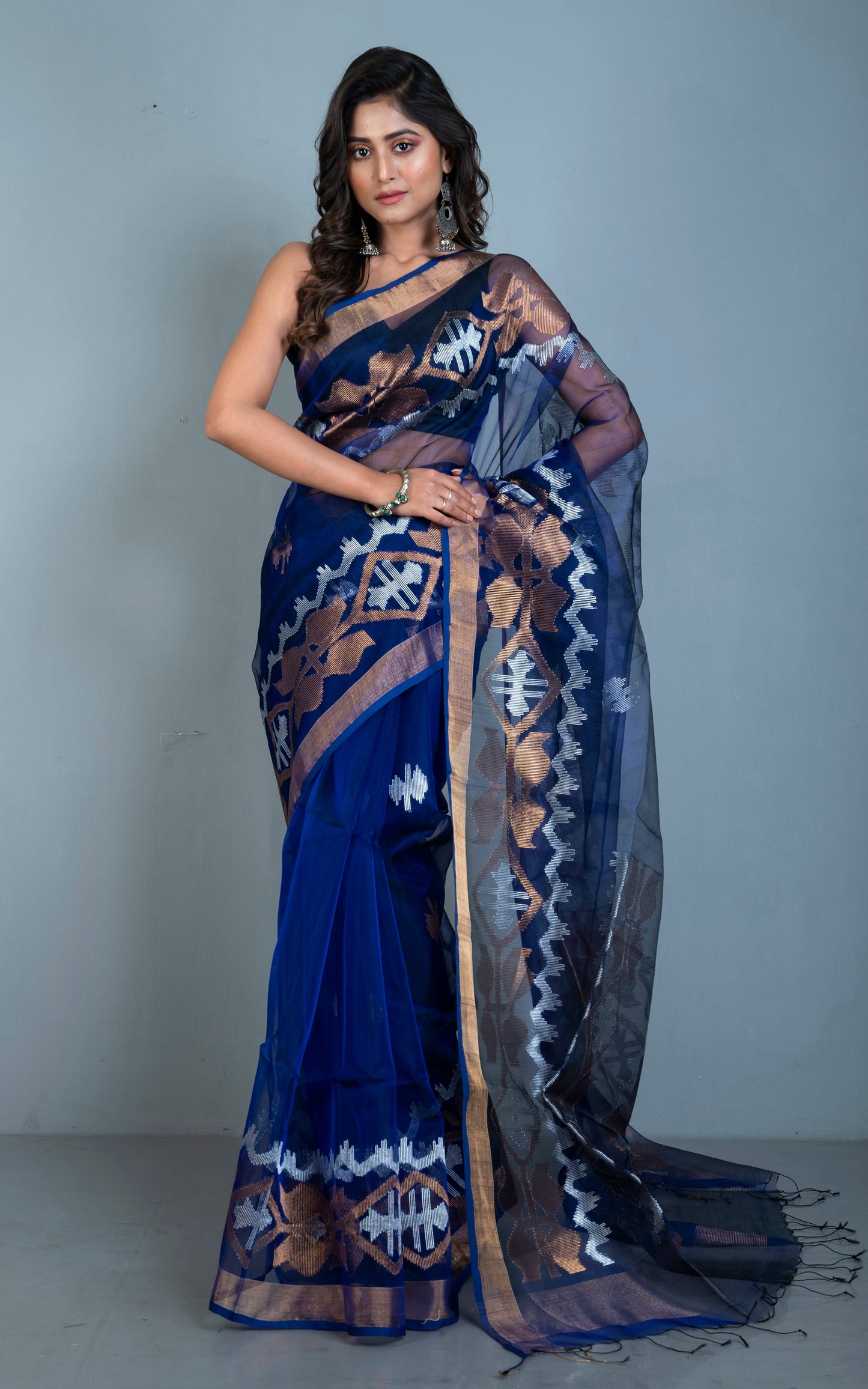 Traditional Karat Work Muslin Silk Jamdani Saree in Admiral Blue