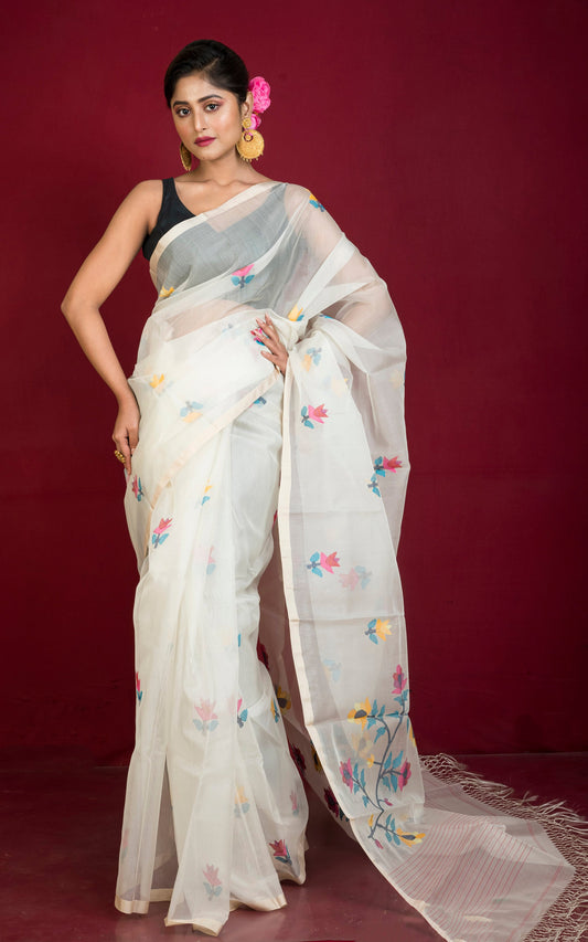 Premium Poth Muslin Silk Jamdani Saree in Pearl White, Ivory and Multicolored Thread Work