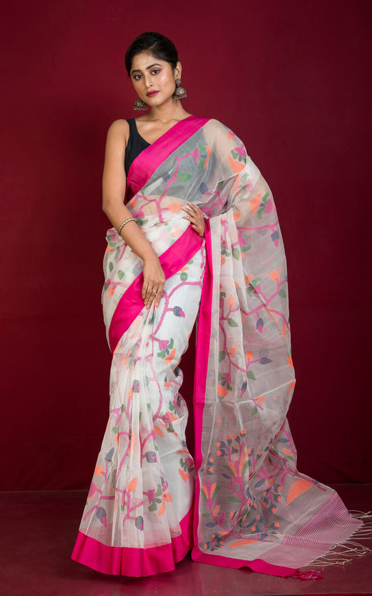 Poth Muslin Silk Jamdani Saree in Off White, Hot Pink and Multicolored Thread Work