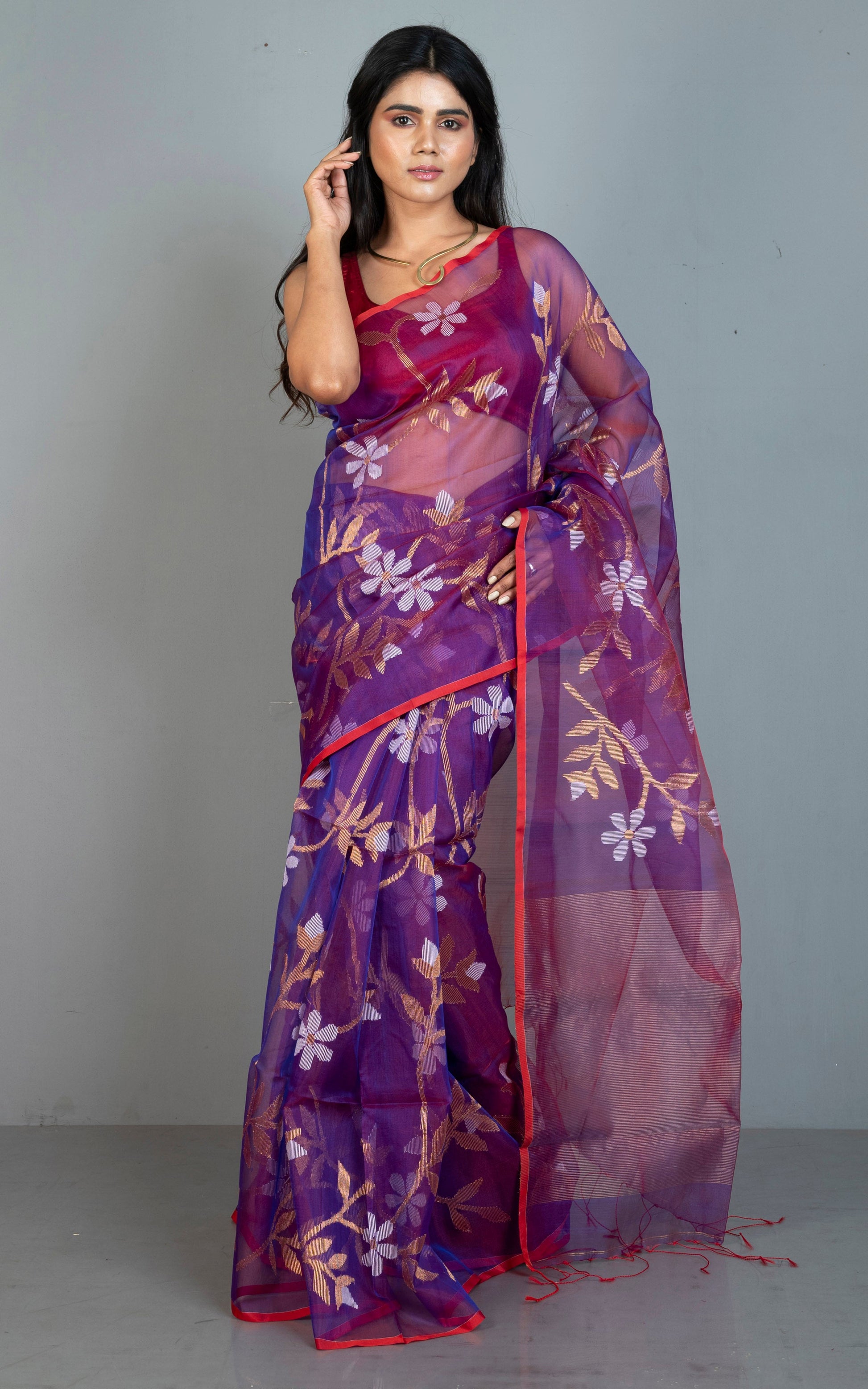 Premium Poth Muslin Silk Jamdani Saree with Jaal Floral Work in Dark Purple, Off White, Red and Golden