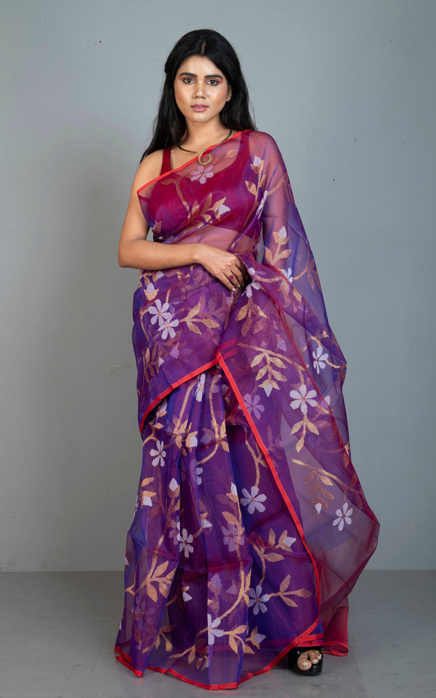 Premium Poth Muslin Silk Jamdani Saree with Jaal Floral Work in Dark Purple, Off White, Red and Golden