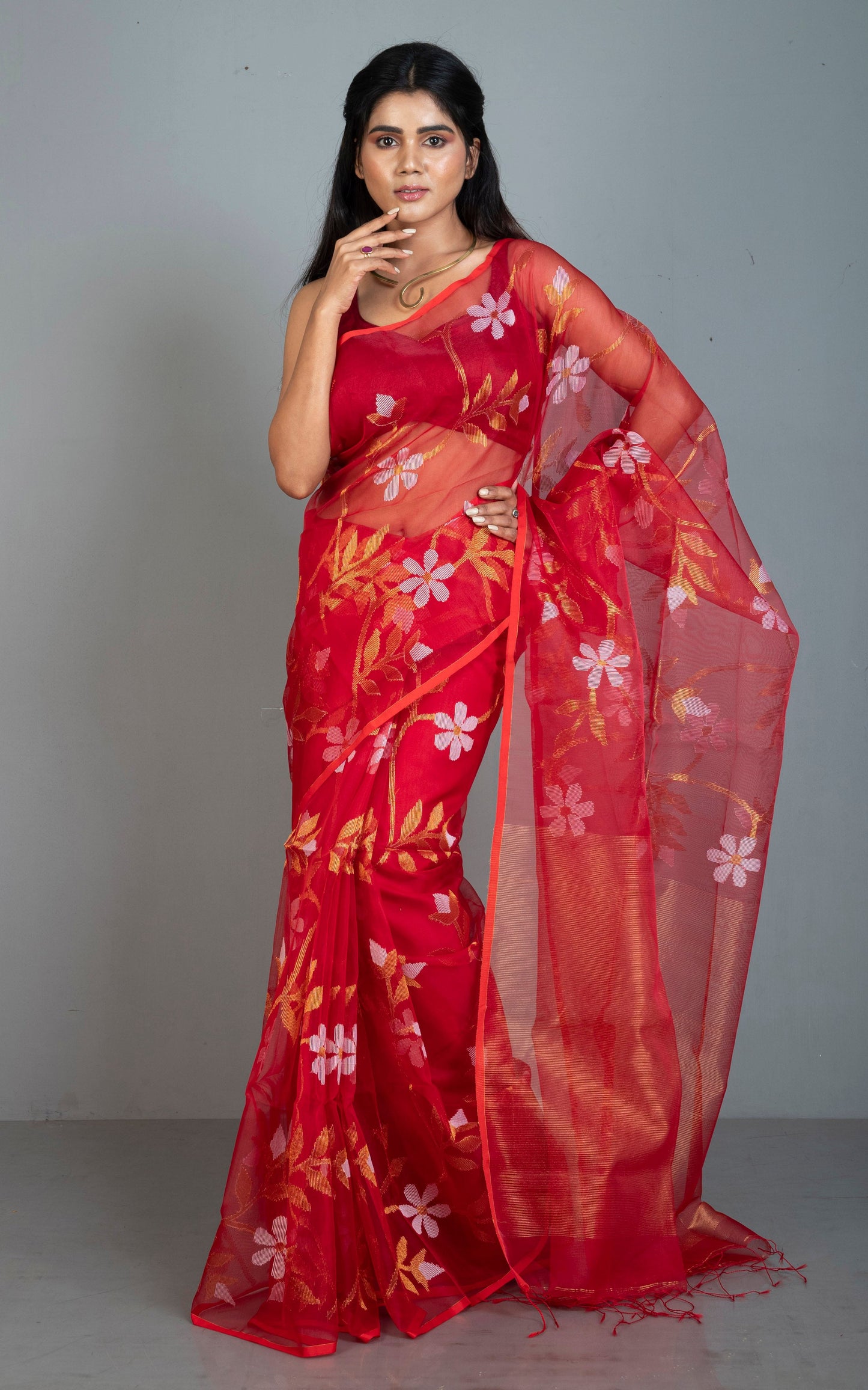 Premium Poth Muslin Silk Jamdani Saree with Jaal Floral Work in Red, Off White and Golden