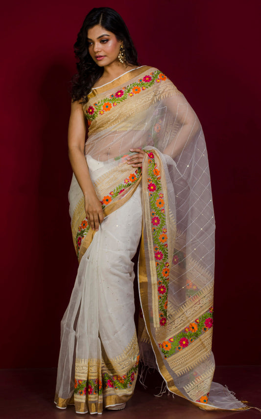 Sitara Work Muslin Silk Saree in White and Multicolored Machine Parsi Thread Work