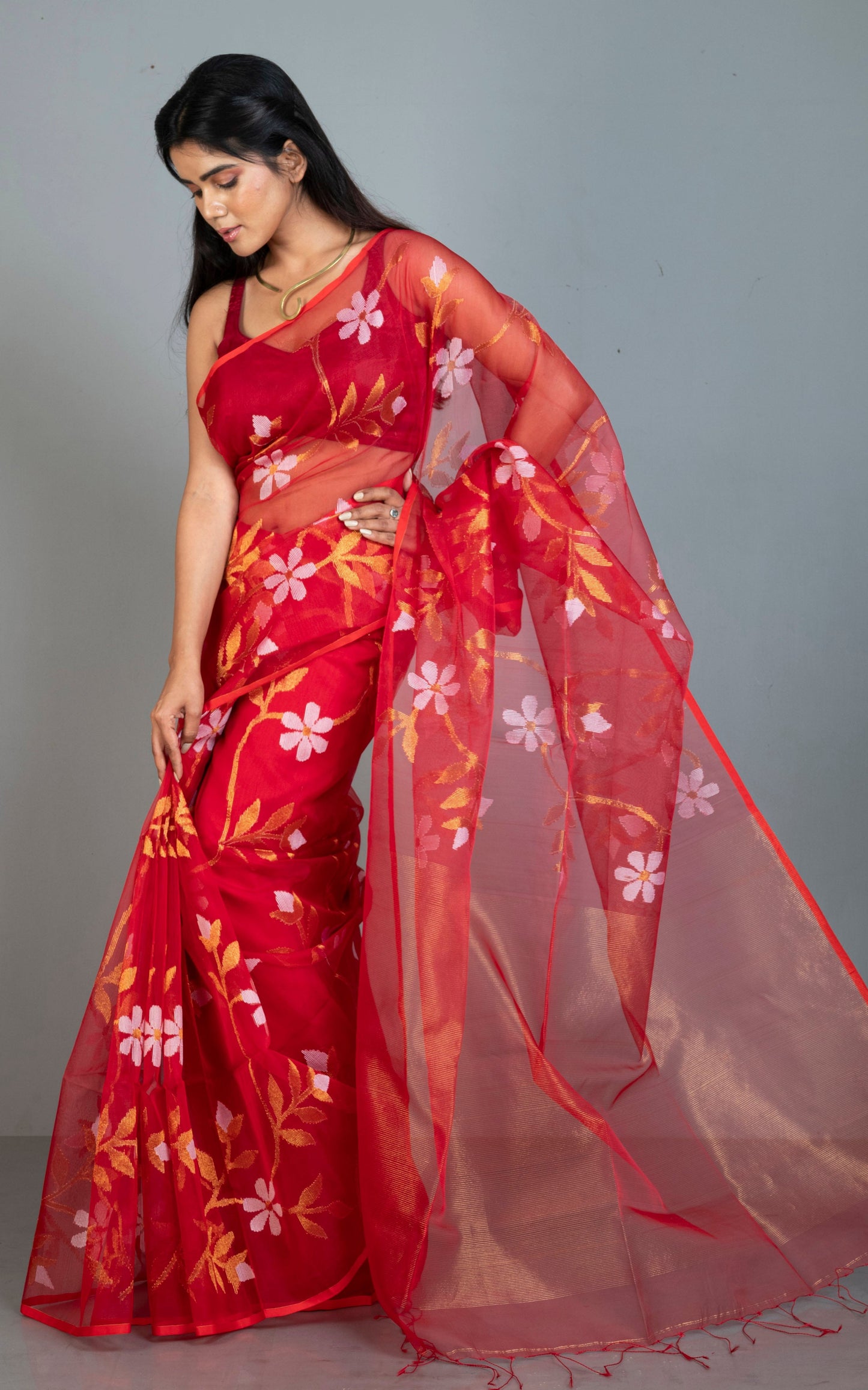 Premium Poth Muslin Silk Jamdani Saree with Jaal Floral Work in Red, Off White and Golden