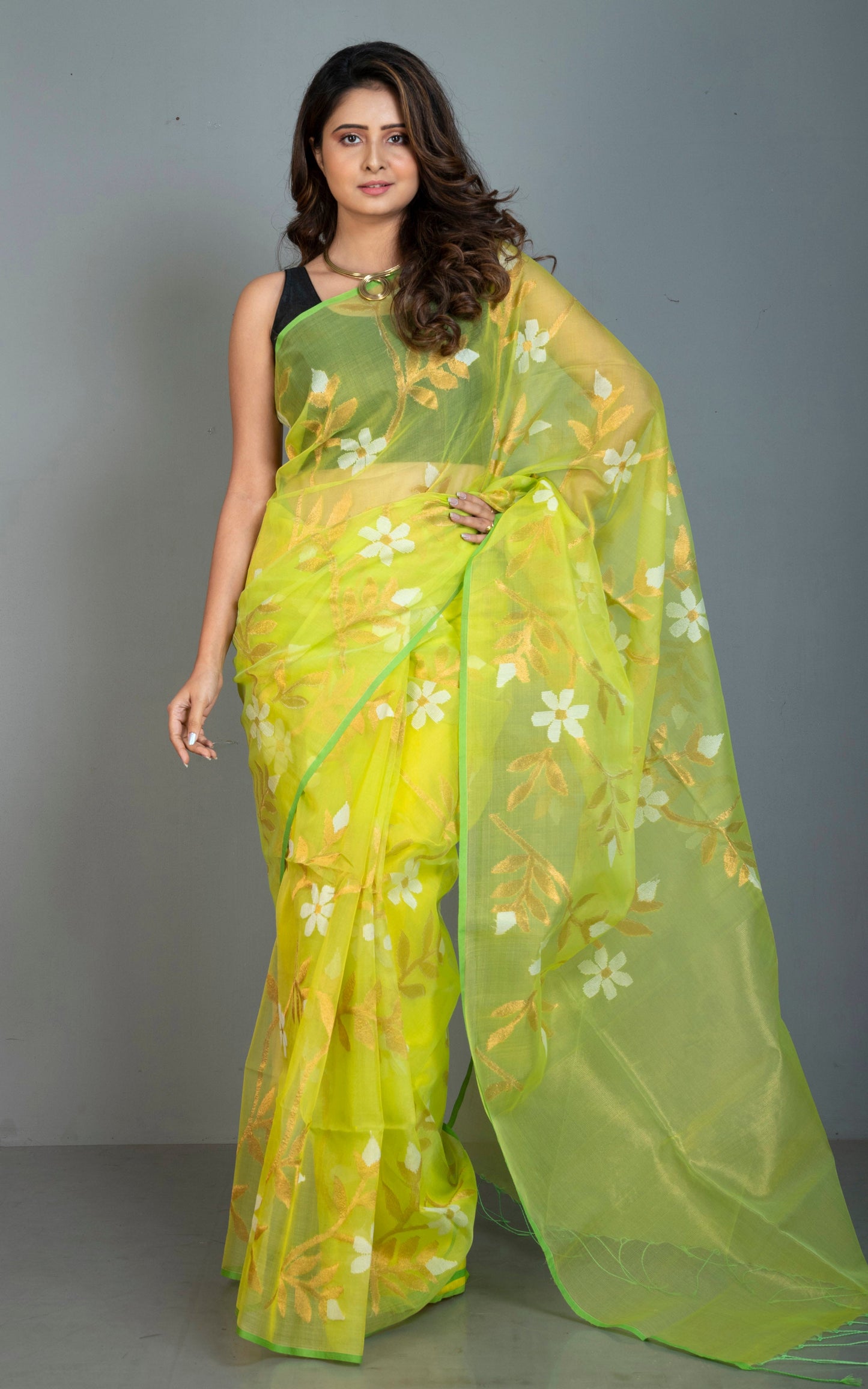 Premium Poth Muslin Silk Jamdani Saree with Jaal Floral Work in Lime Yellow, Green, Off White and Golden