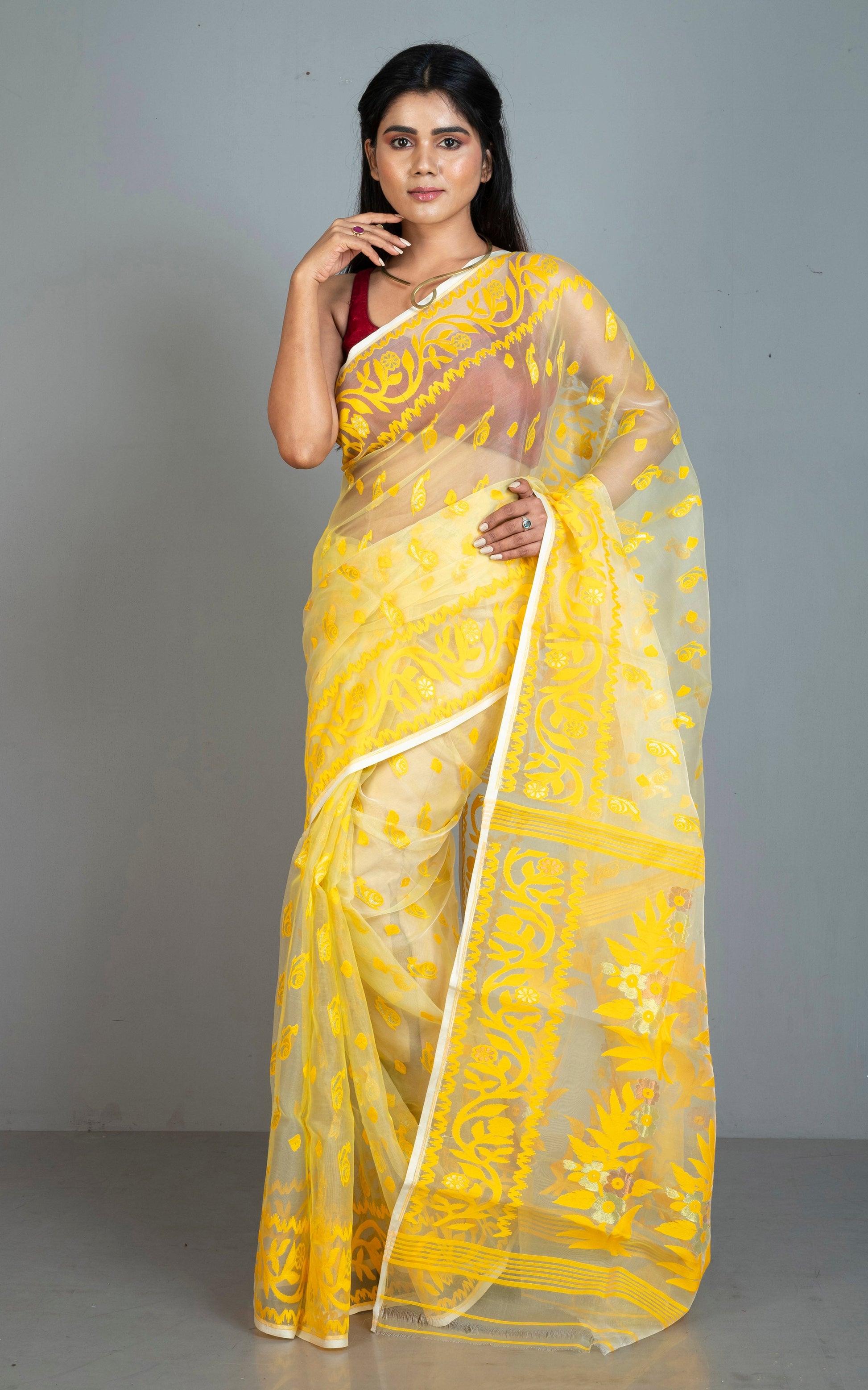 Soft Muslin Silk Jamdani Saree in Off White, Yellow and Water Golden Zari Work