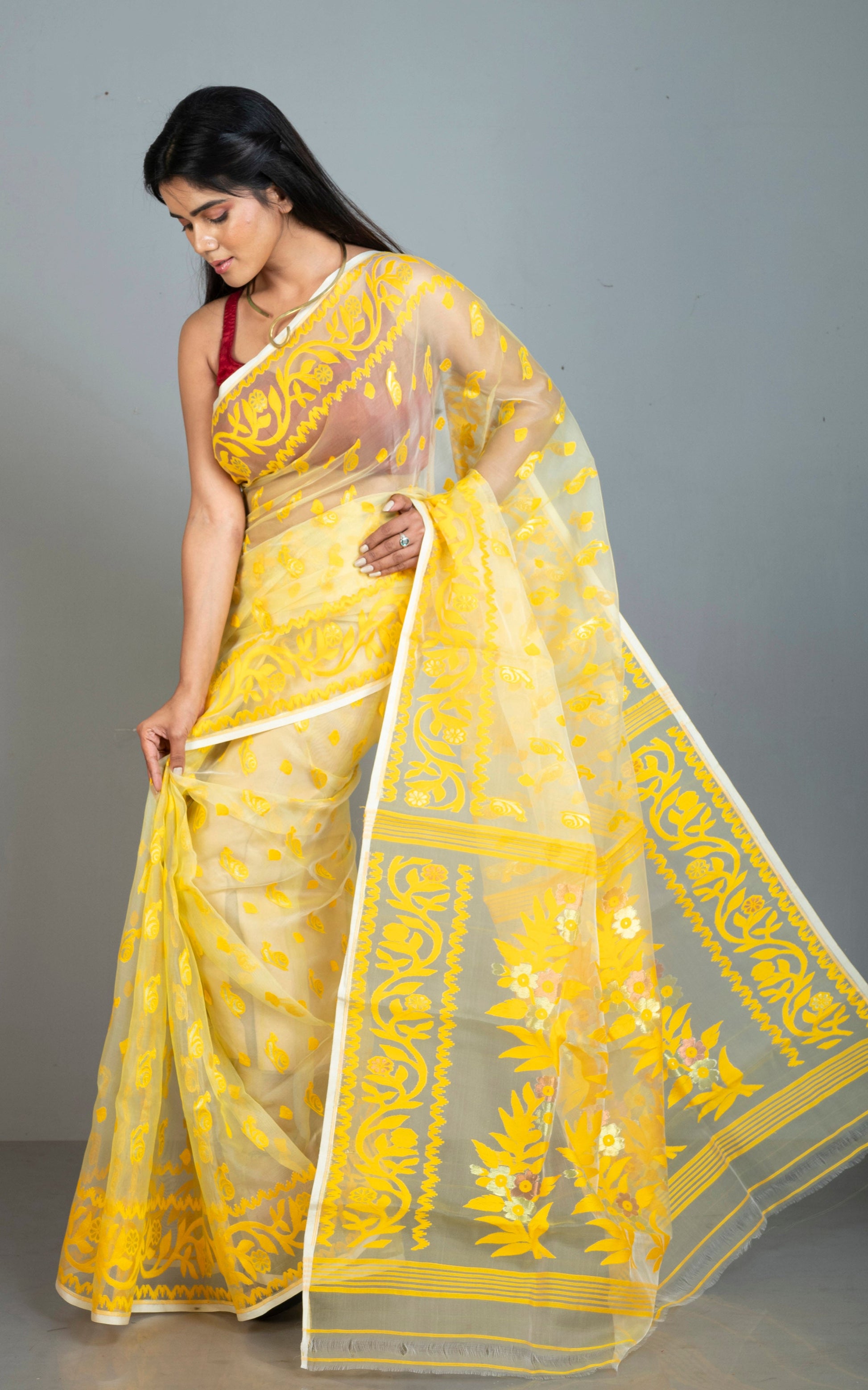 Soft Muslin Silk Jamdani Saree in Off White, Yellow and Water Golden Zari Work