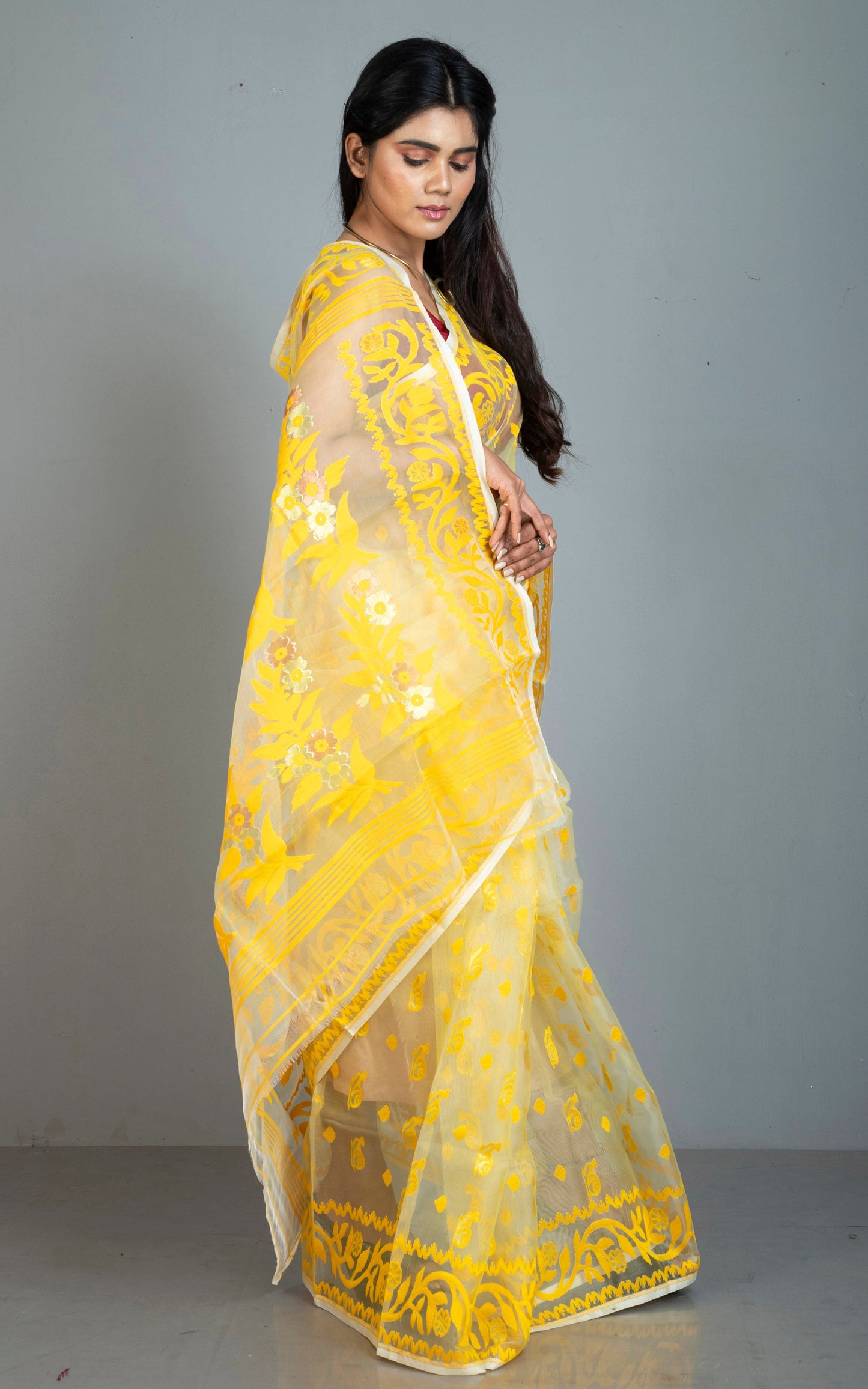 Soft Muslin Silk Jamdani Saree in Off White, Yellow and Water Golden Zari Work