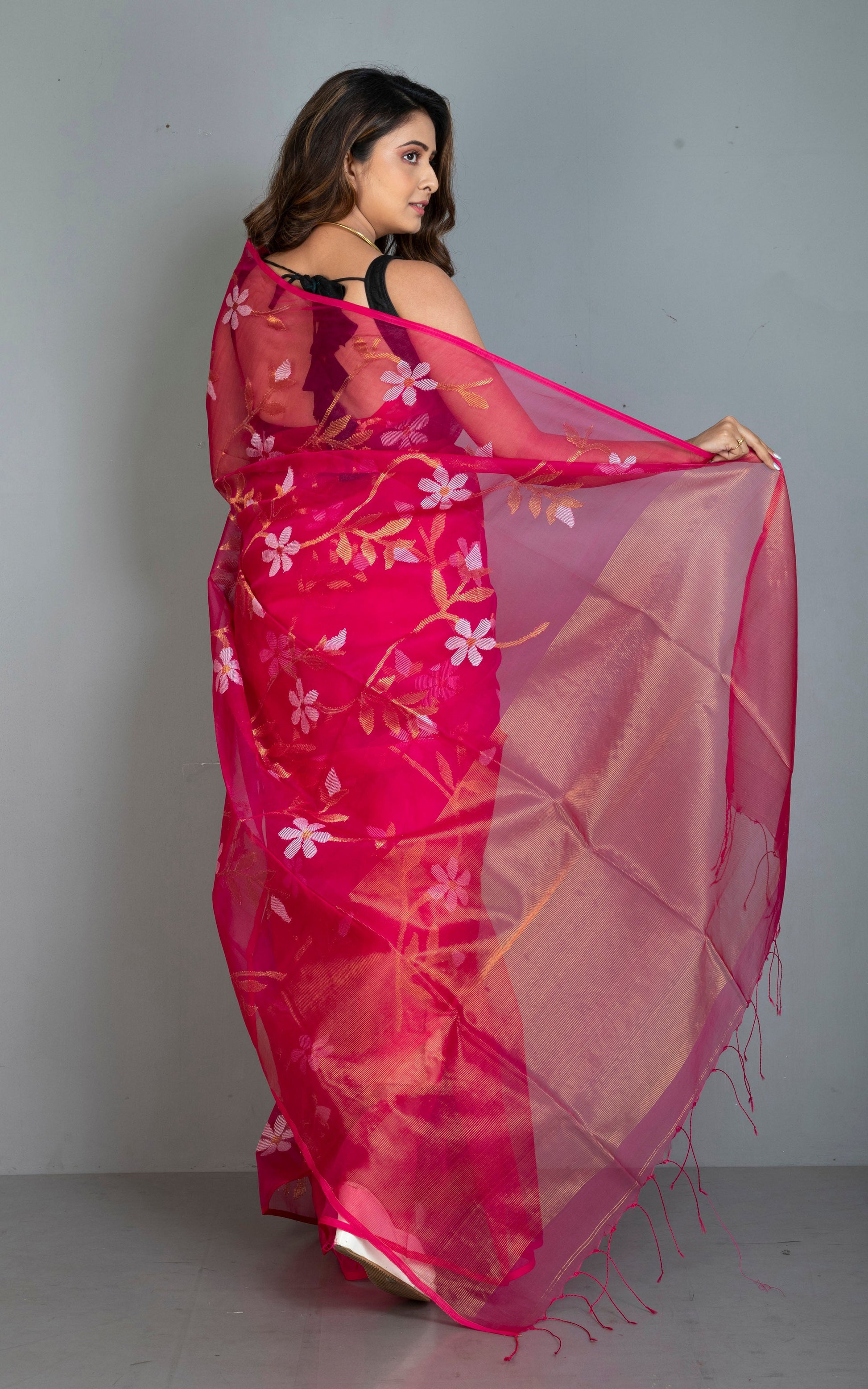 Premium Poth Muslin Silk Jamdani Saree with Jaal Floral Work in Hot Pink, Off White and Golden