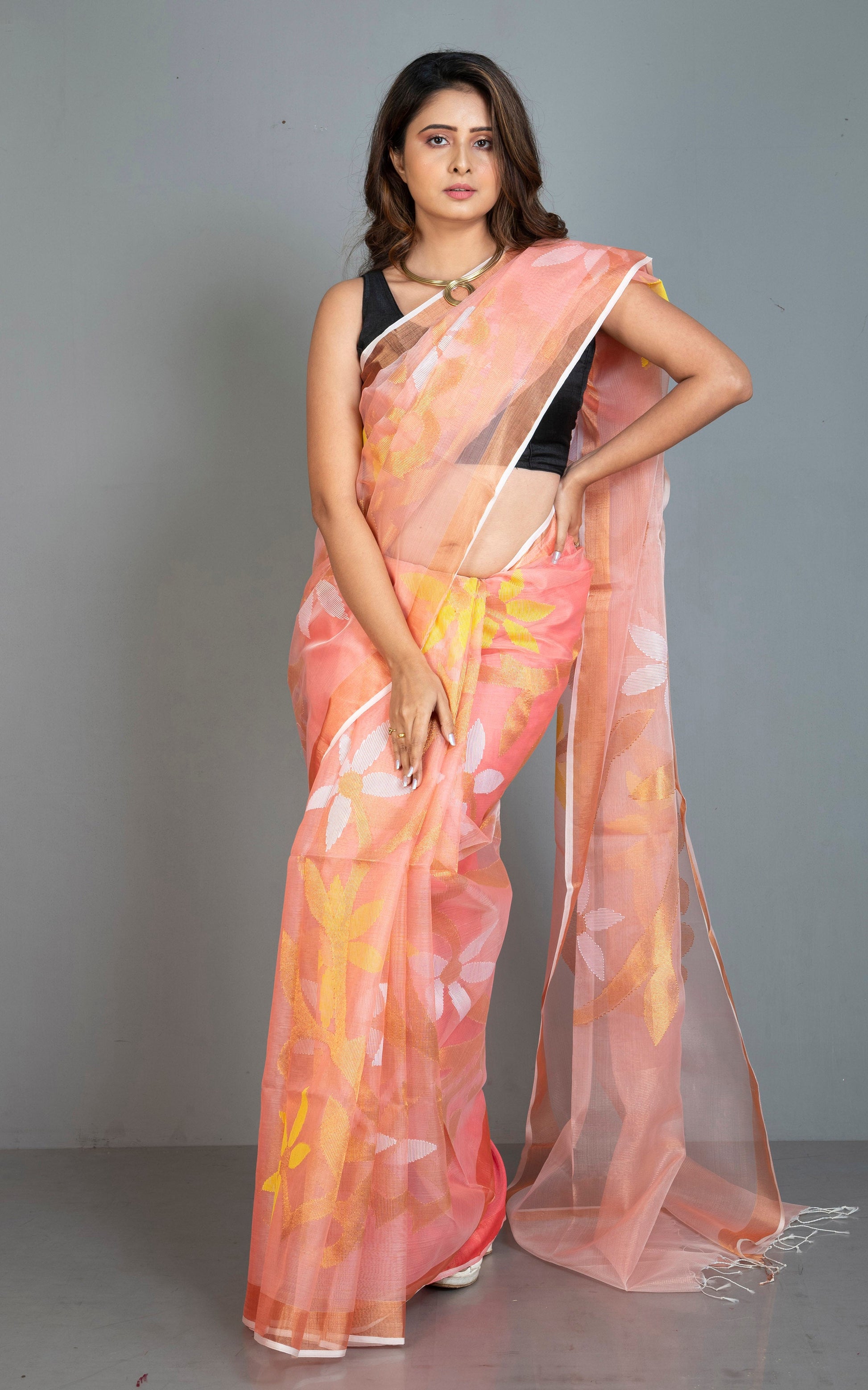 Traditional Soft Muslin Jamdani Saree in Peach, Yellow, Off White and Gold