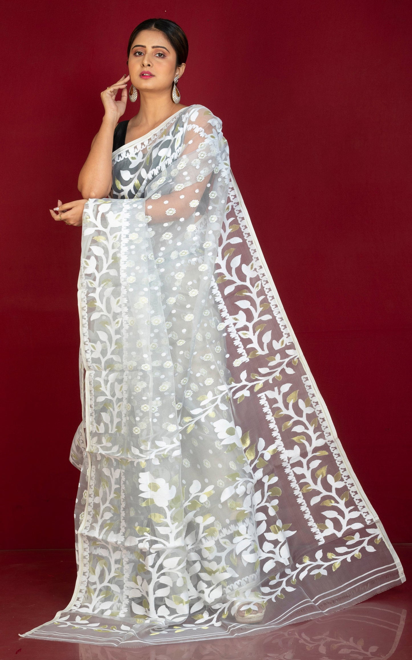 Soft Muslin Silk Jamdani Saree in Ice Gray, Off White, and Water Golden Zari Work