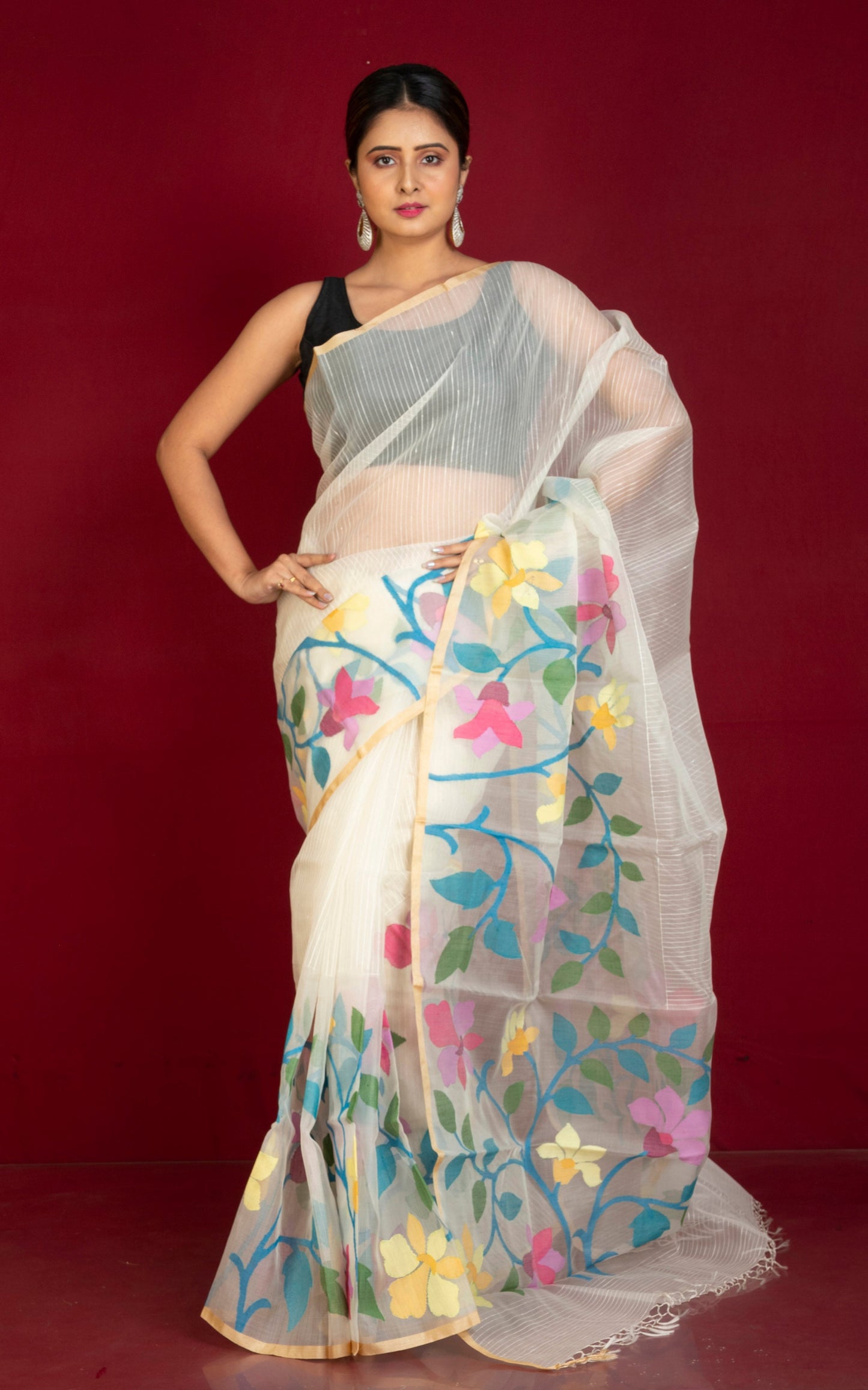 Premium Hand Woven Skirt Nakshi Work Muslin Silk Dhakai Jamdani Saree in Off White, Beige and Multicolored Minakari Thread Work