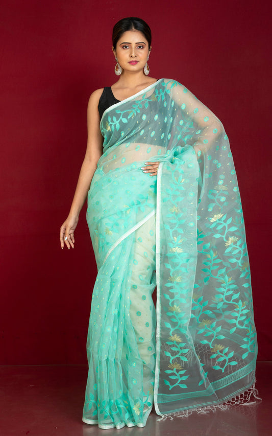 Soft Muslin Silk Jamdani Saree in Bright Aqua and Water Golden Zari Work