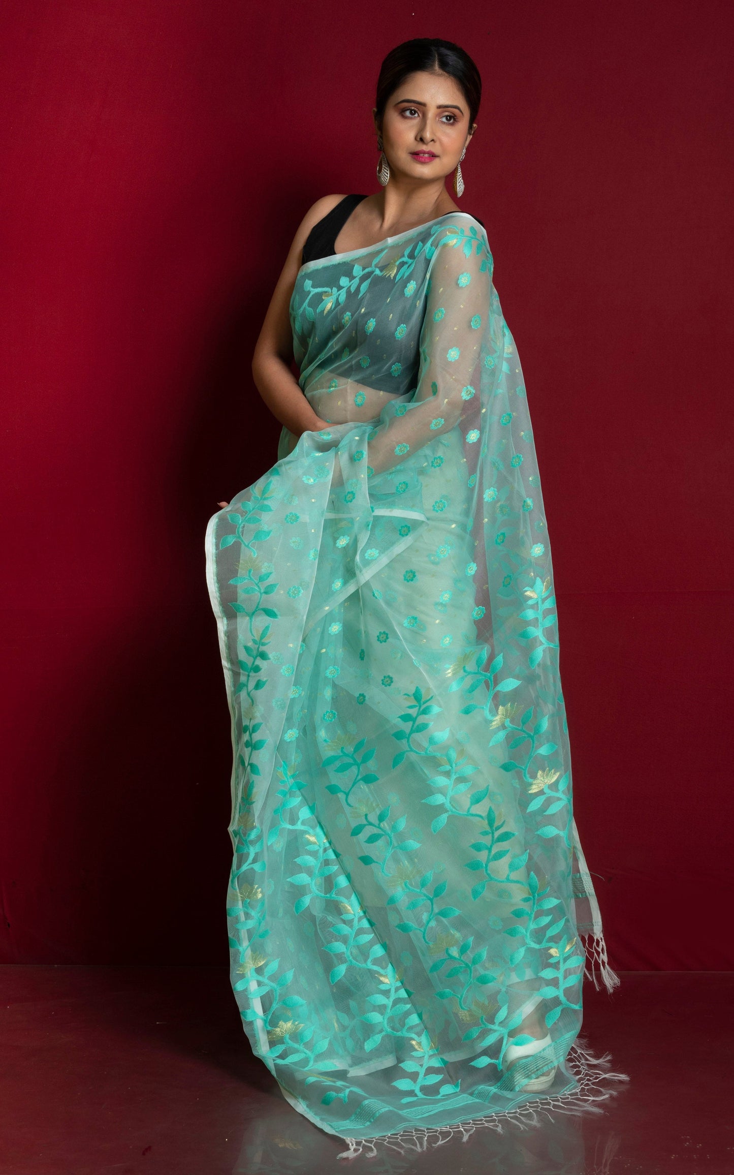 Soft Muslin Silk Jamdani Saree in Bright Aqua and Water Golden Zari Work