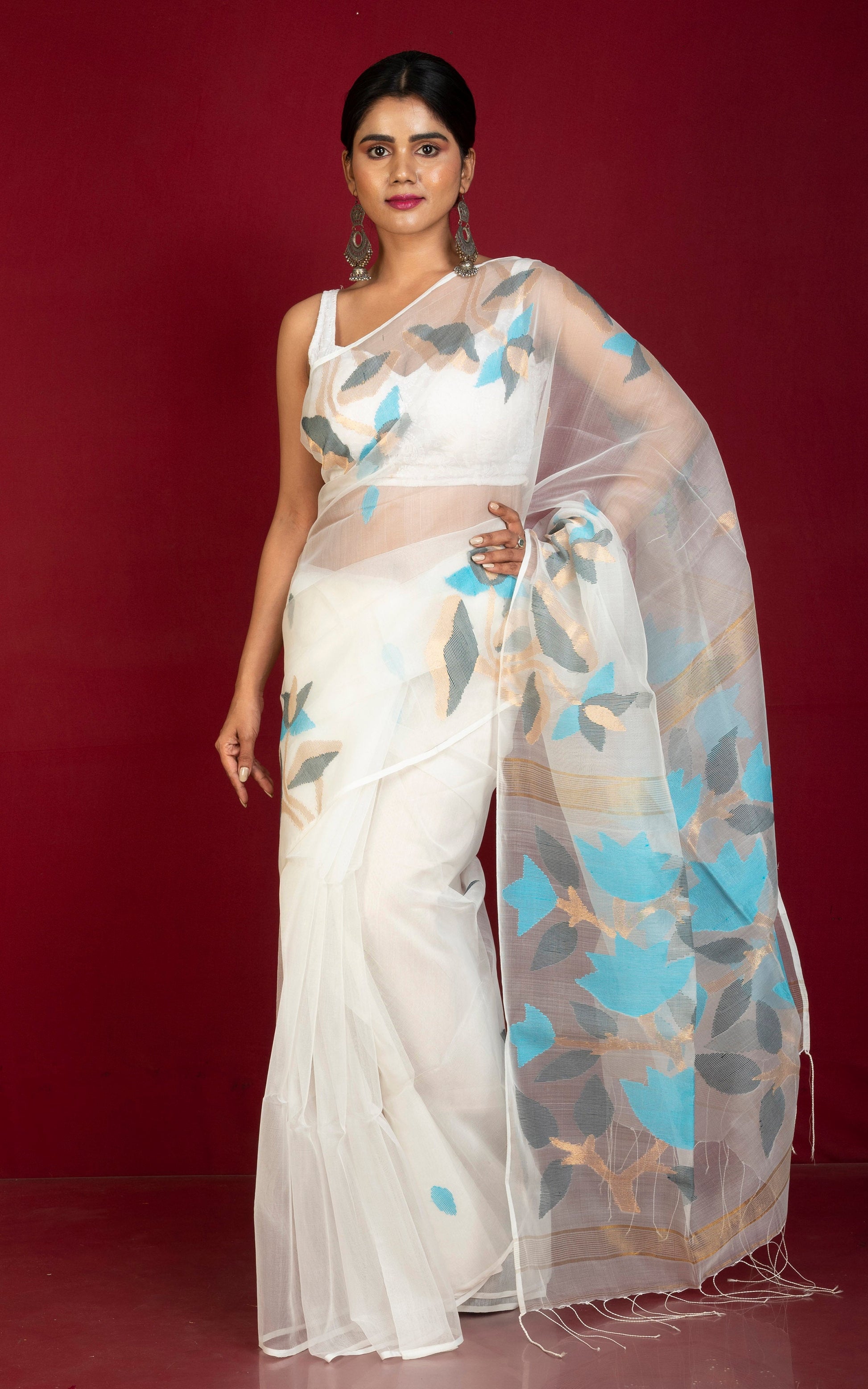 Naal Phool Woven Nakshi Work Muslin Silk Jamdani Saree in White, Black, Azure Blue and Gold Zari Work