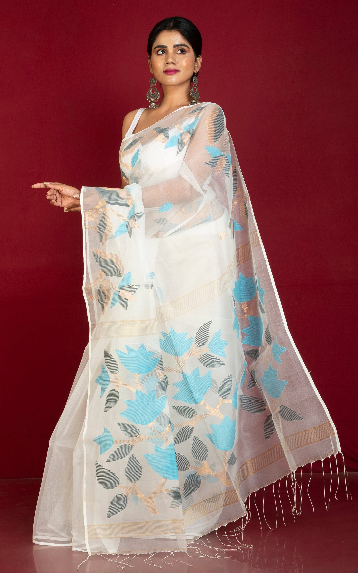 Naal Phool Woven Nakshi Work Muslin Silk Jamdani Saree in White, Black, Azure Blue and Gold Zari Work