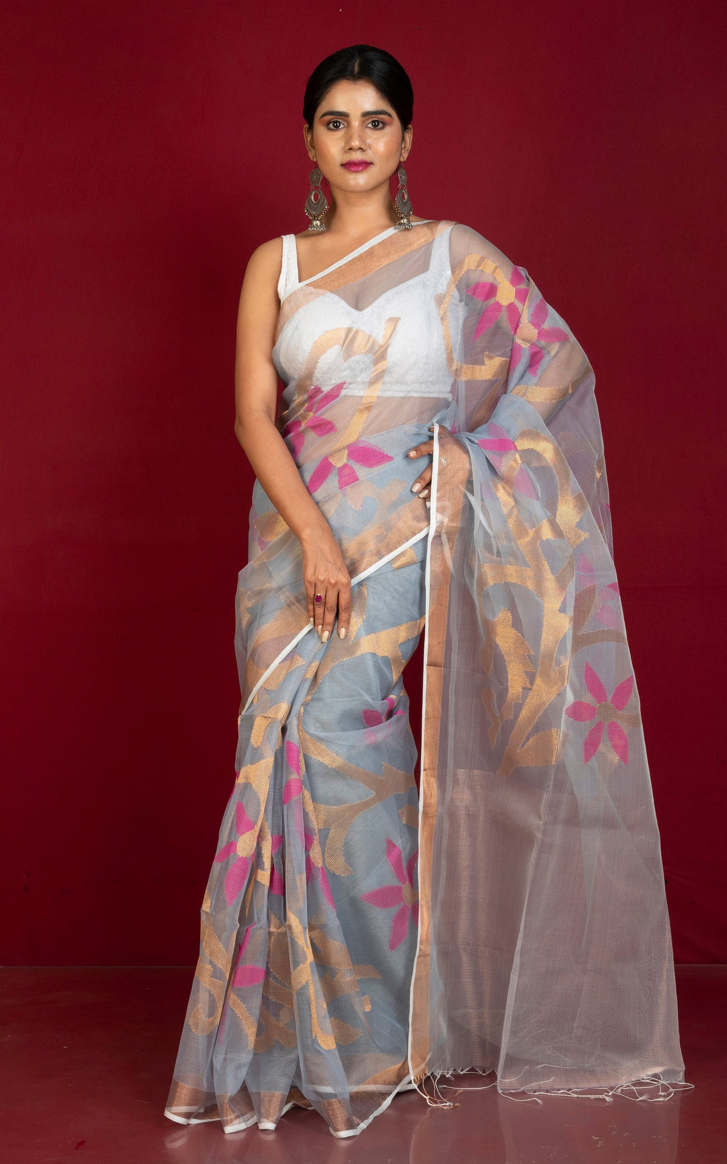 Traditional Soft Muslin Jamdani Saree in Steel Grey, Magenta and Gold