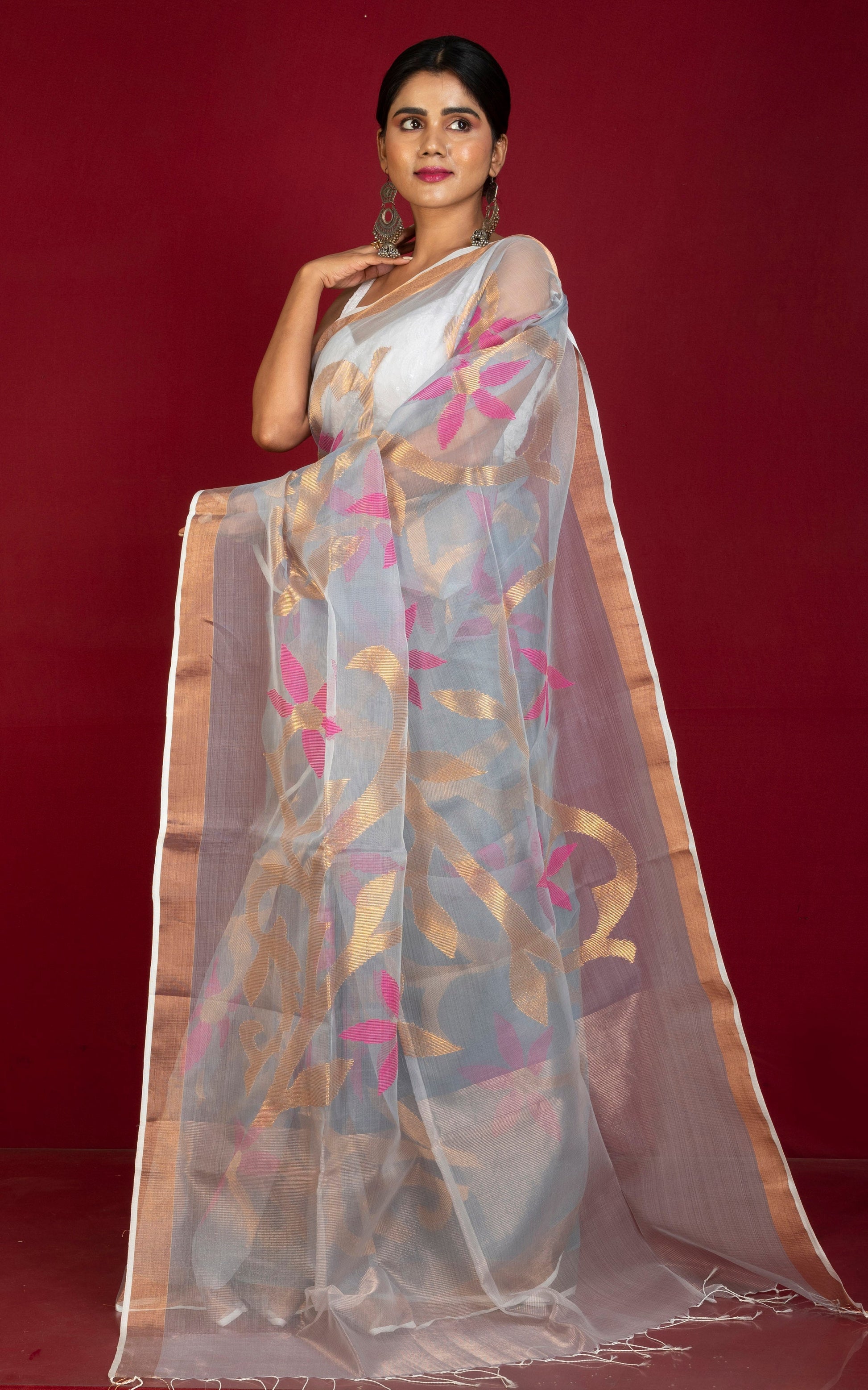 Traditional Soft Muslin Jamdani Saree in Steel Grey, Magenta and Gold