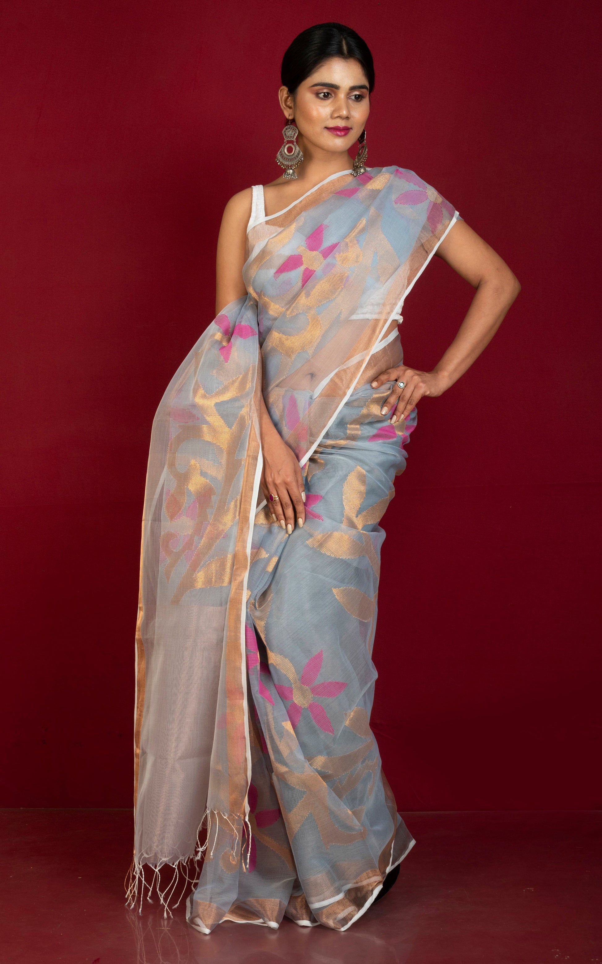 Traditional Soft Muslin Jamdani Saree in Steel Grey, Magenta and Gold