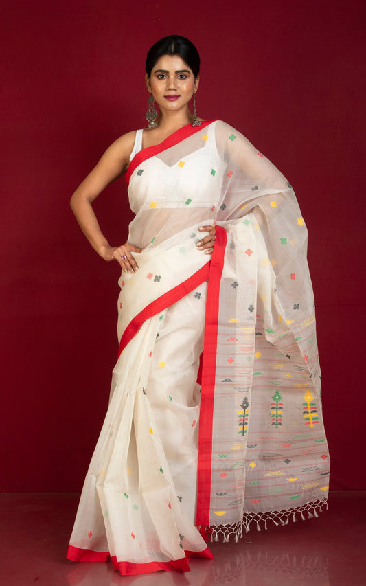 Poth Contrast Border Muslin Silk Jamdani Saree in Spring White, Red and Multicolored