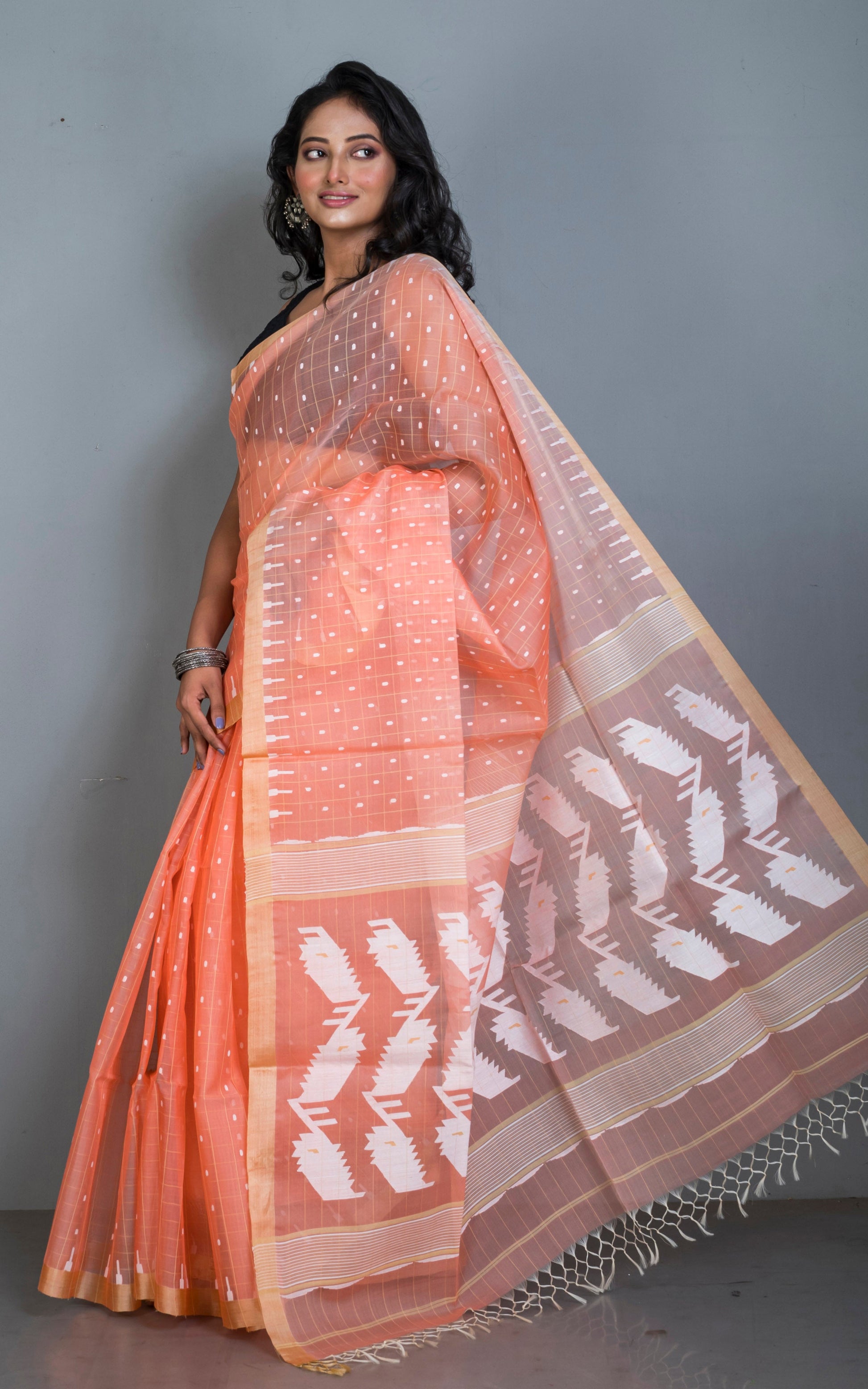 Premium Quality Contrast Checks Muslin Silk Jamdani Saree in Georgia Peach, Off White with Diffuse Gold color Tussar Silk Selvage