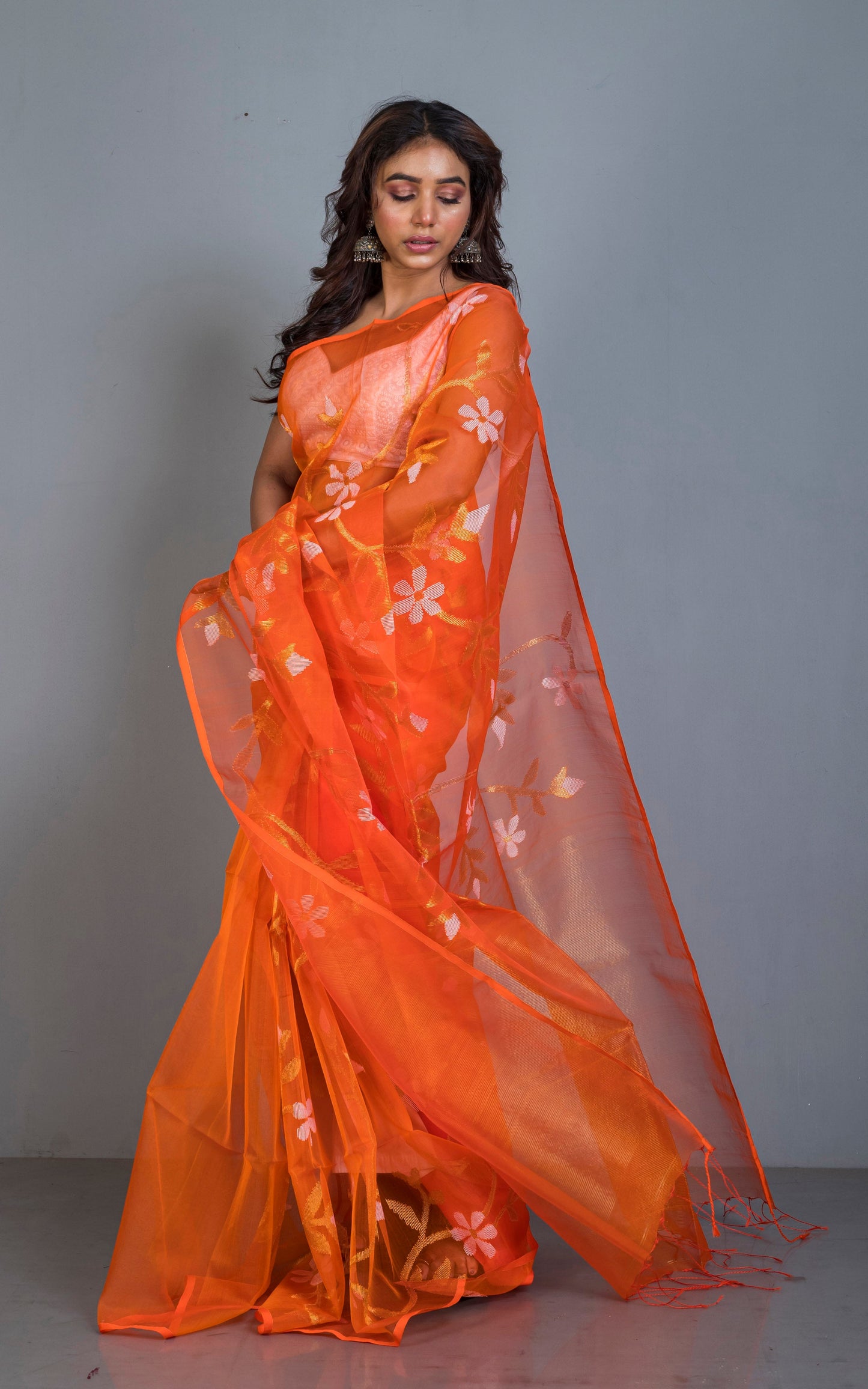 Premium Poth Muslin Silk Jamdani Saree with Jaal Floral Work in Bright Orange, Off White and Golden