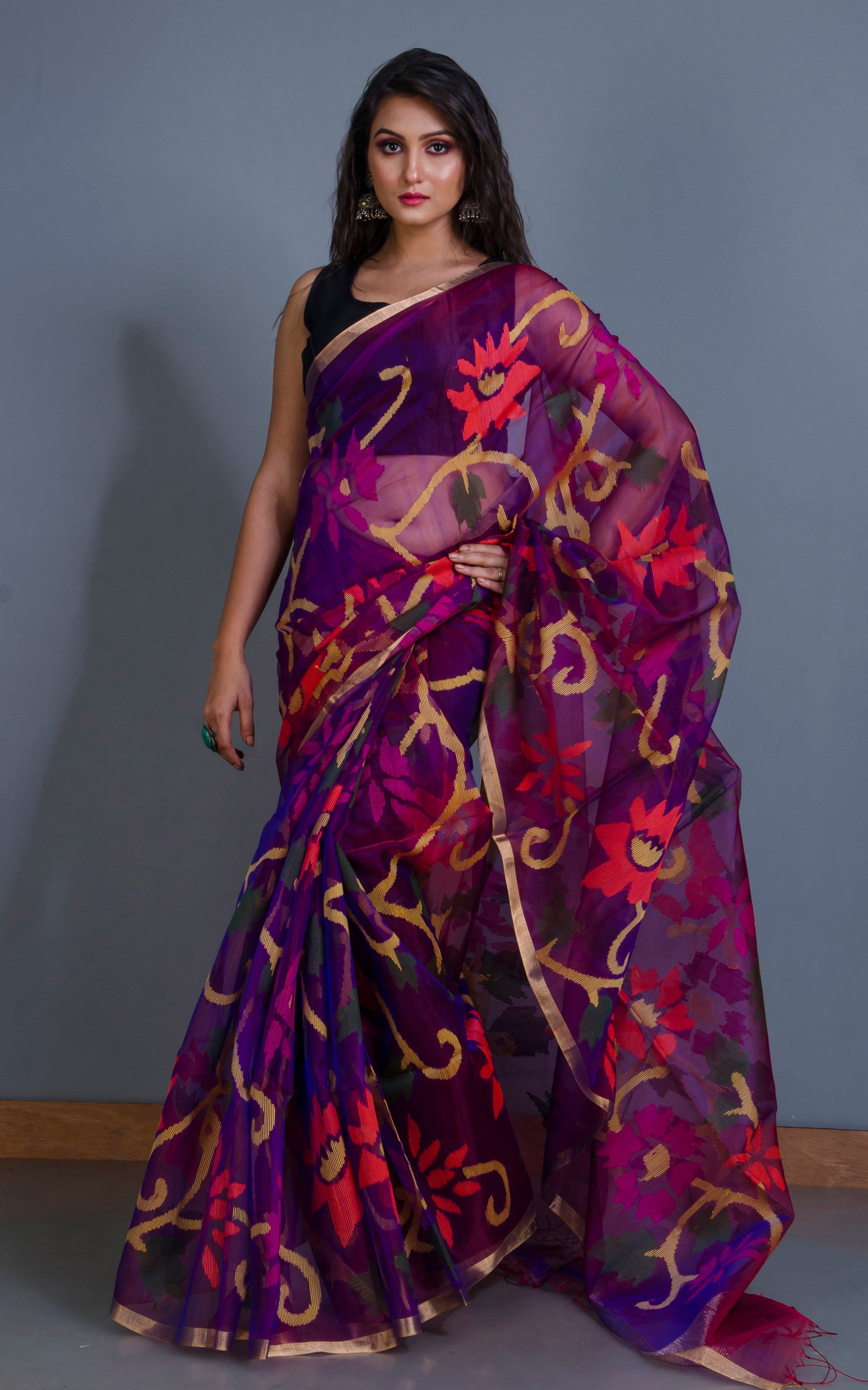 Premium Quality Muslin Silk Jamdani Saree in Purple and Multicolored Thread Work