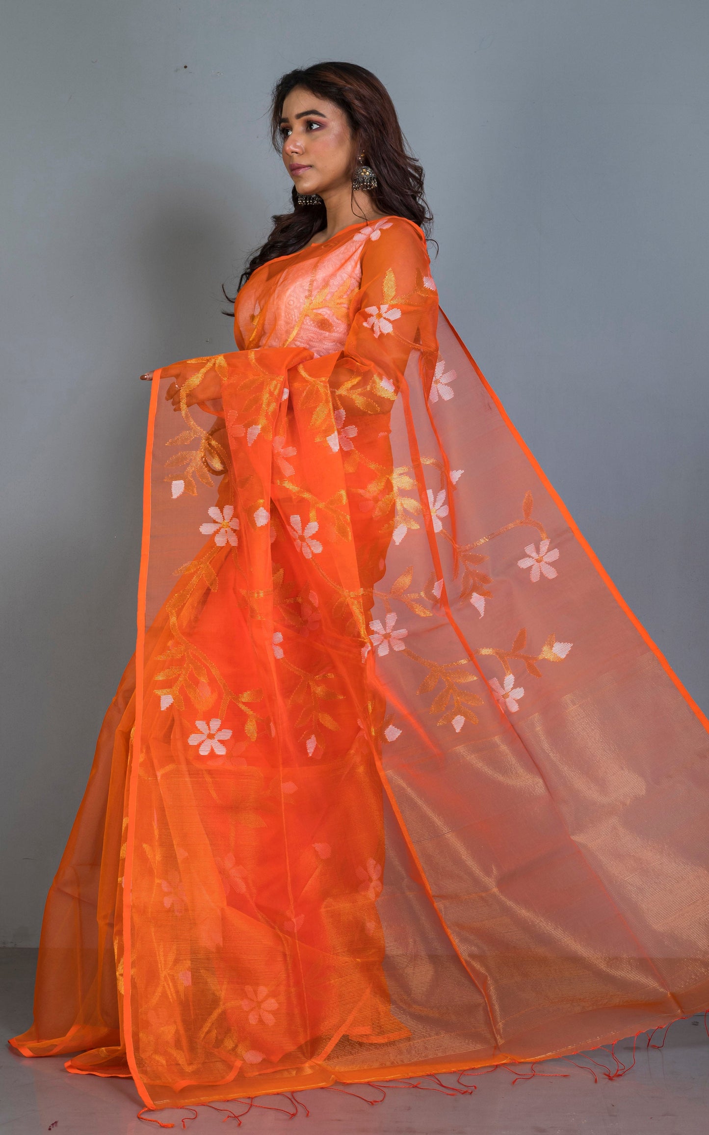 Premium Poth Muslin Silk Jamdani Saree with Jaal Floral Work in Bright Orange, Off White and Golden