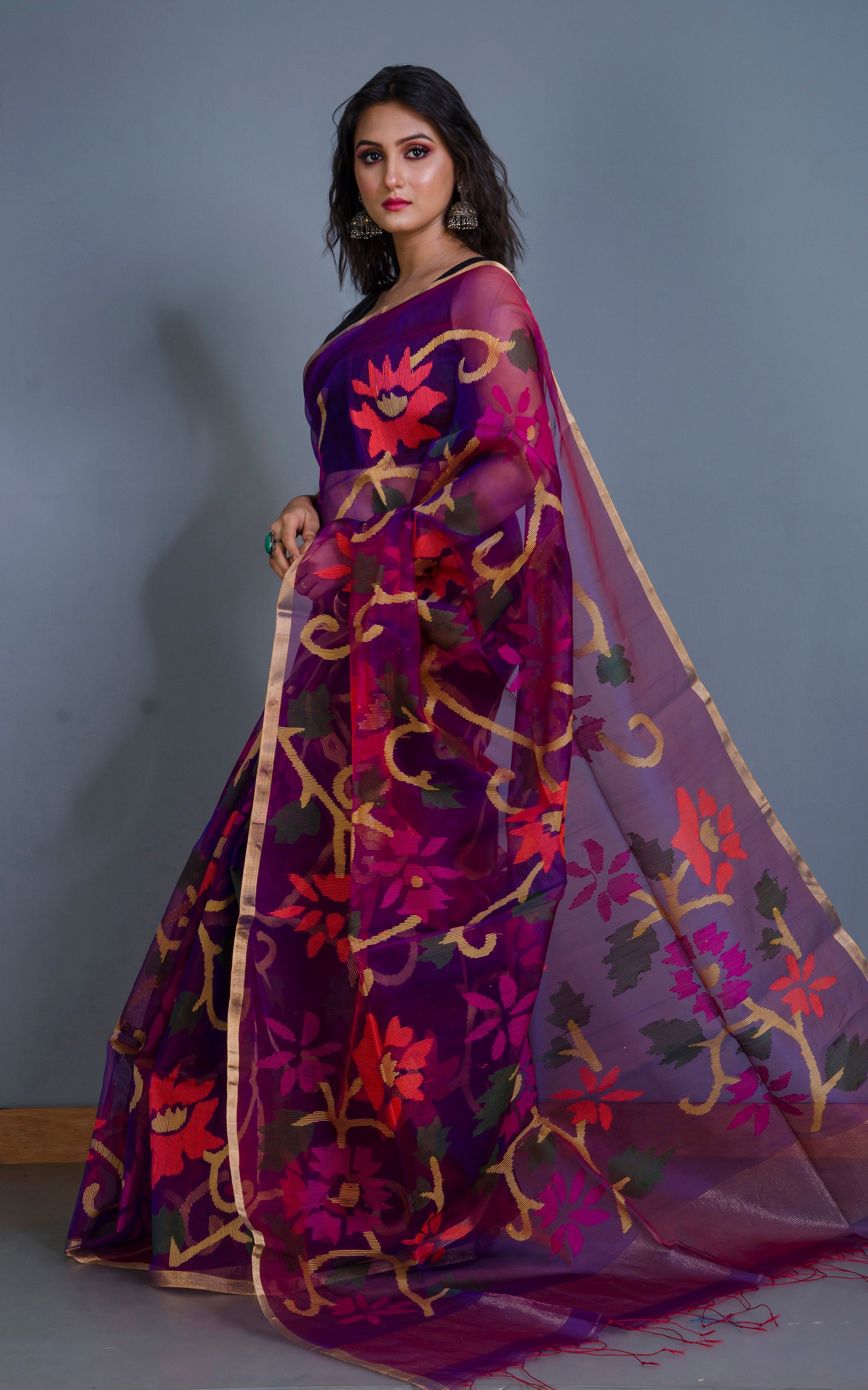 Premium Quality Muslin Silk Jamdani Saree in Purple and Multicolored Thread Work