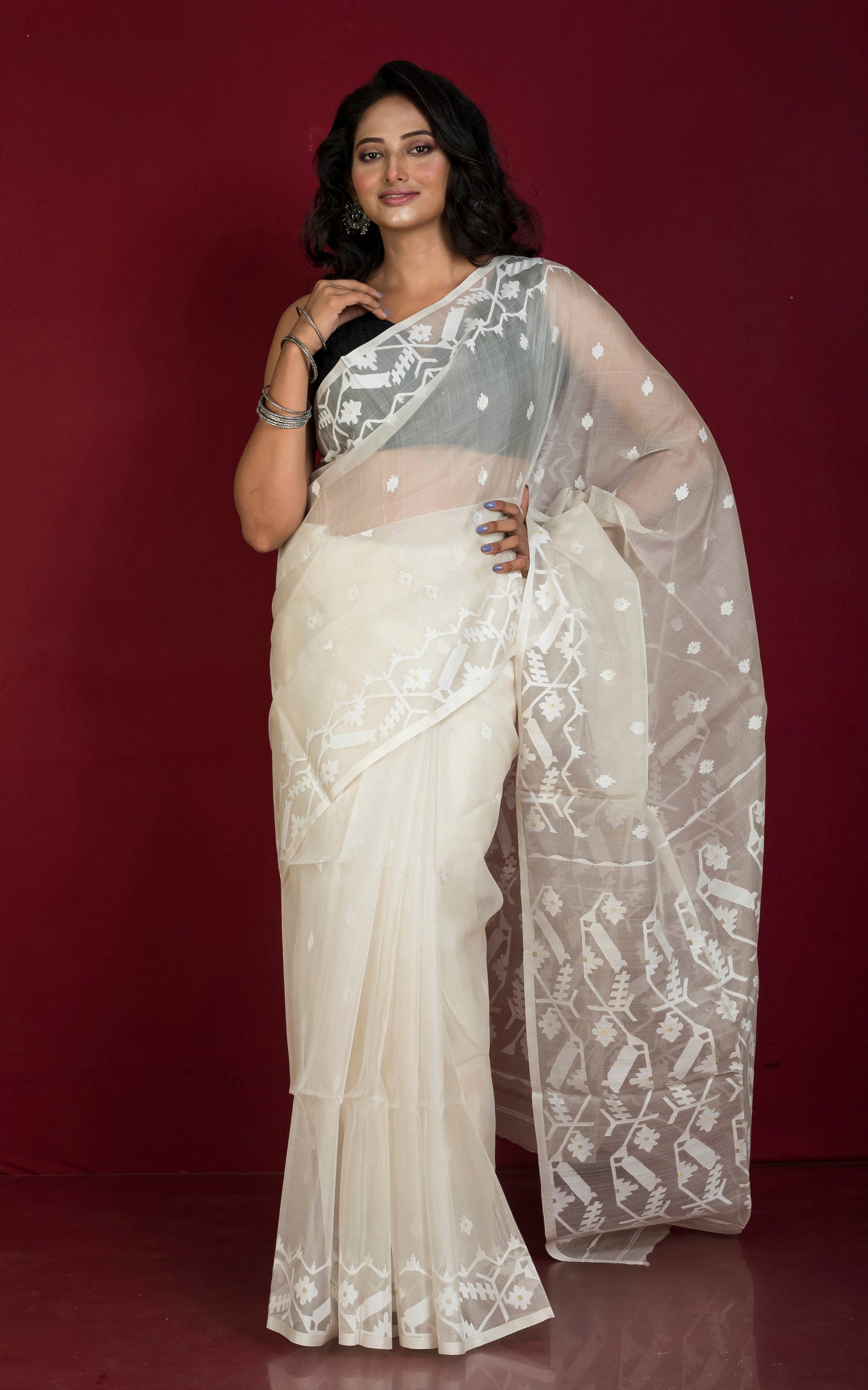 Premium Quality Traditional Karat Work Silk Jamdani Saree in Off White and White