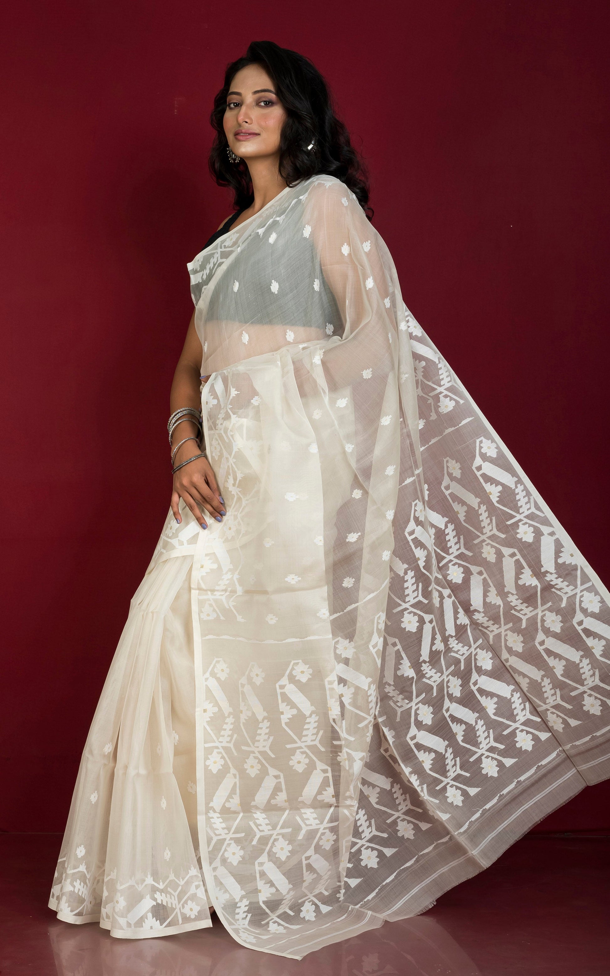Premium Quality Traditional Karat Work Silk Jamdani Saree in Off White and White
