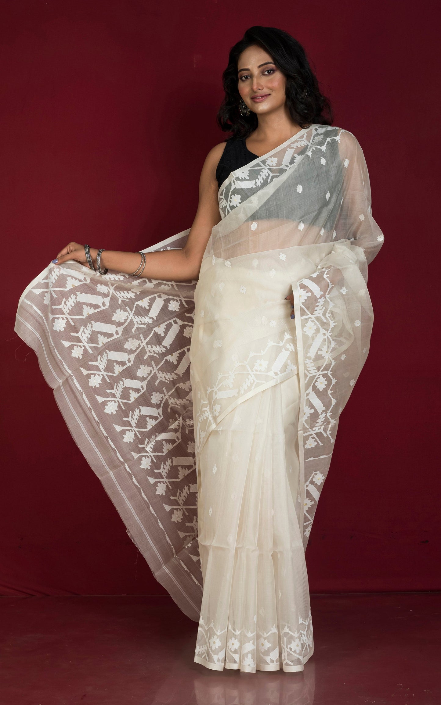 Premium Quality Traditional Karat Work Silk Jamdani Saree in Off White and White