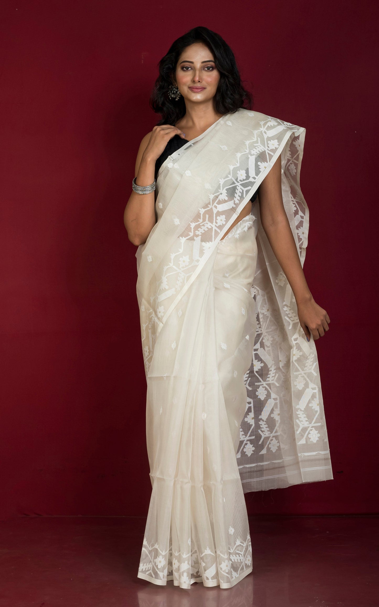 Premium Quality Traditional Karat Work Silk Jamdani Saree in Off White and White